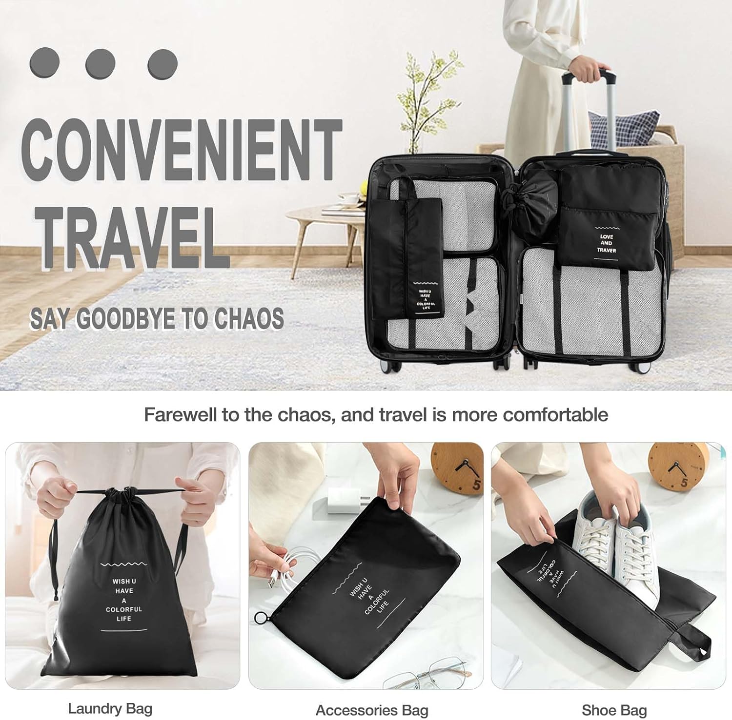 8 Pcs Bag Organizer Set – 8 Pcs Packing Cubes, Travel Cubes, Shoe Bag, Toiletry Pouches, Clothes Organizers, Waterproof Luggage & Travel Bags – Suitcase Organizer & Organizers for Travel Essentials