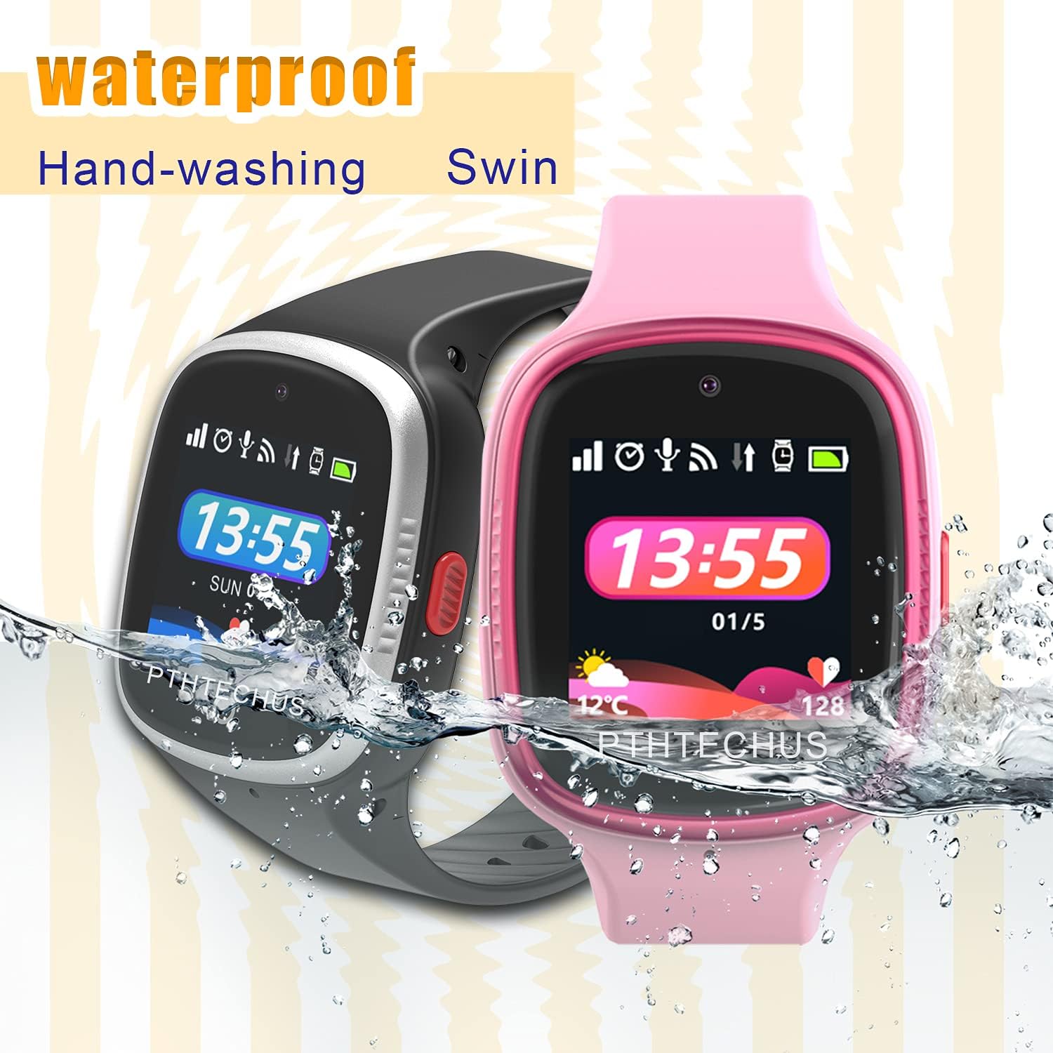 Dos Smartwatches para niños PTHTECHUS 4G, uno negro y otro rosa, con protección contra salpicaduras de agua, resaltando su diseño resistente al agua.