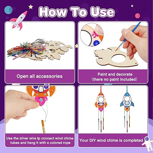 Miniatura 3 de Paquete de 12 carillones de viento para niños, haz tus propios cohetes, campanillas de viento, manualidades, manualidades de madera para niñas,