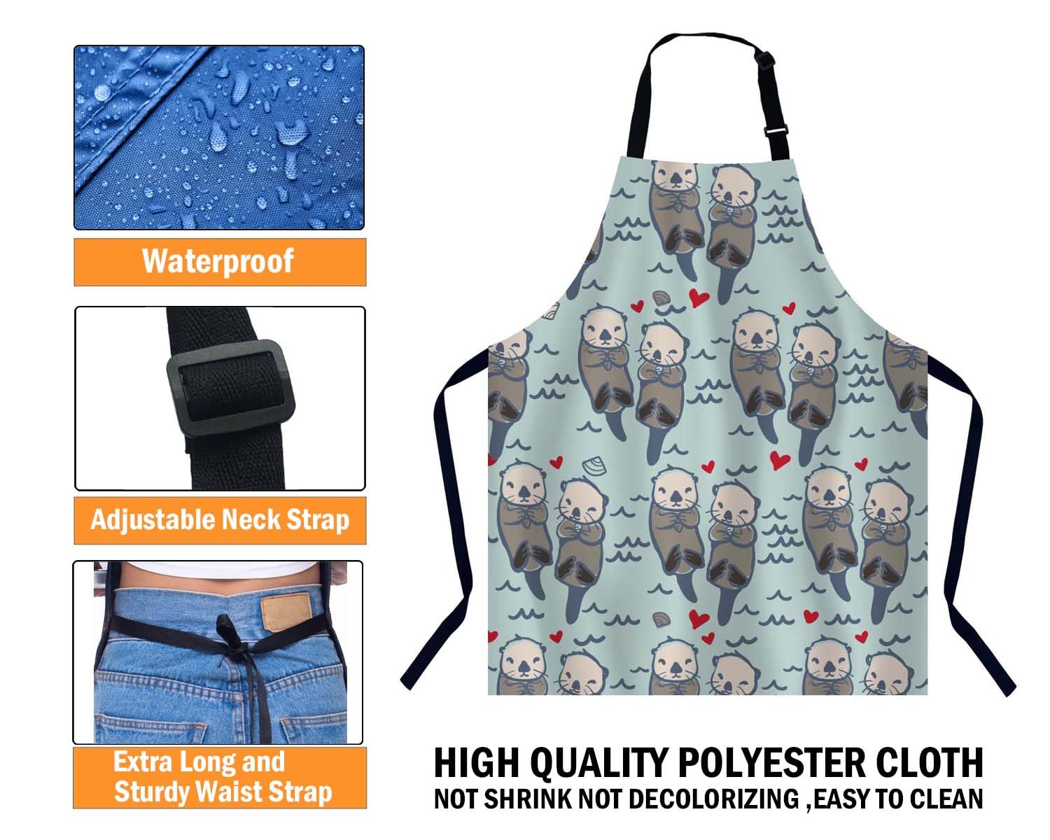 BGBDEIA Sea Otter Love Pattern Kitchen Apron for Women Men Adjustable Apron Chef Bakers Apron Cooking Apron Cooking Baking Gardening - Image 4