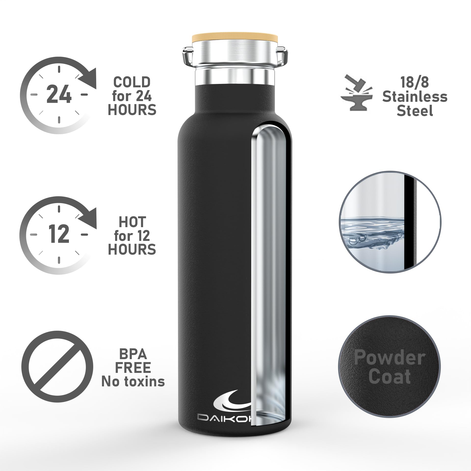 Daikoku Botella Agua Acero Inoxidable - 750ml - Botella Térmica - Bebidas Frías 24 Horas y Calientes 12 Horas - Botella Agua Antigoteo - Doble Pared Libre de BPA - Cantimplora Termica - Negro — view 4