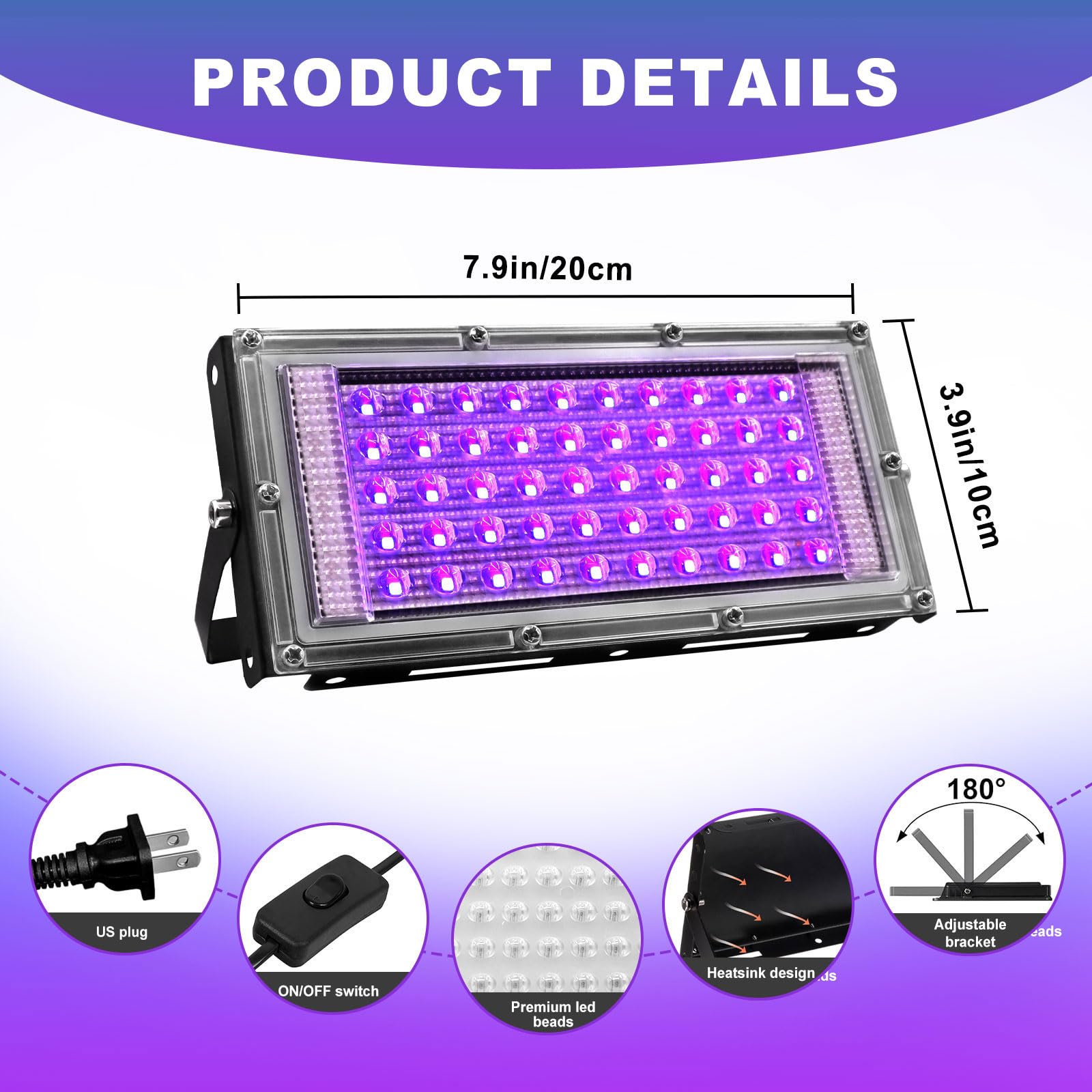 SuiROYI 2 Pack 50W LED Black Light, UV Lamp for Glow Party, IP65 Waterproof Floodlight