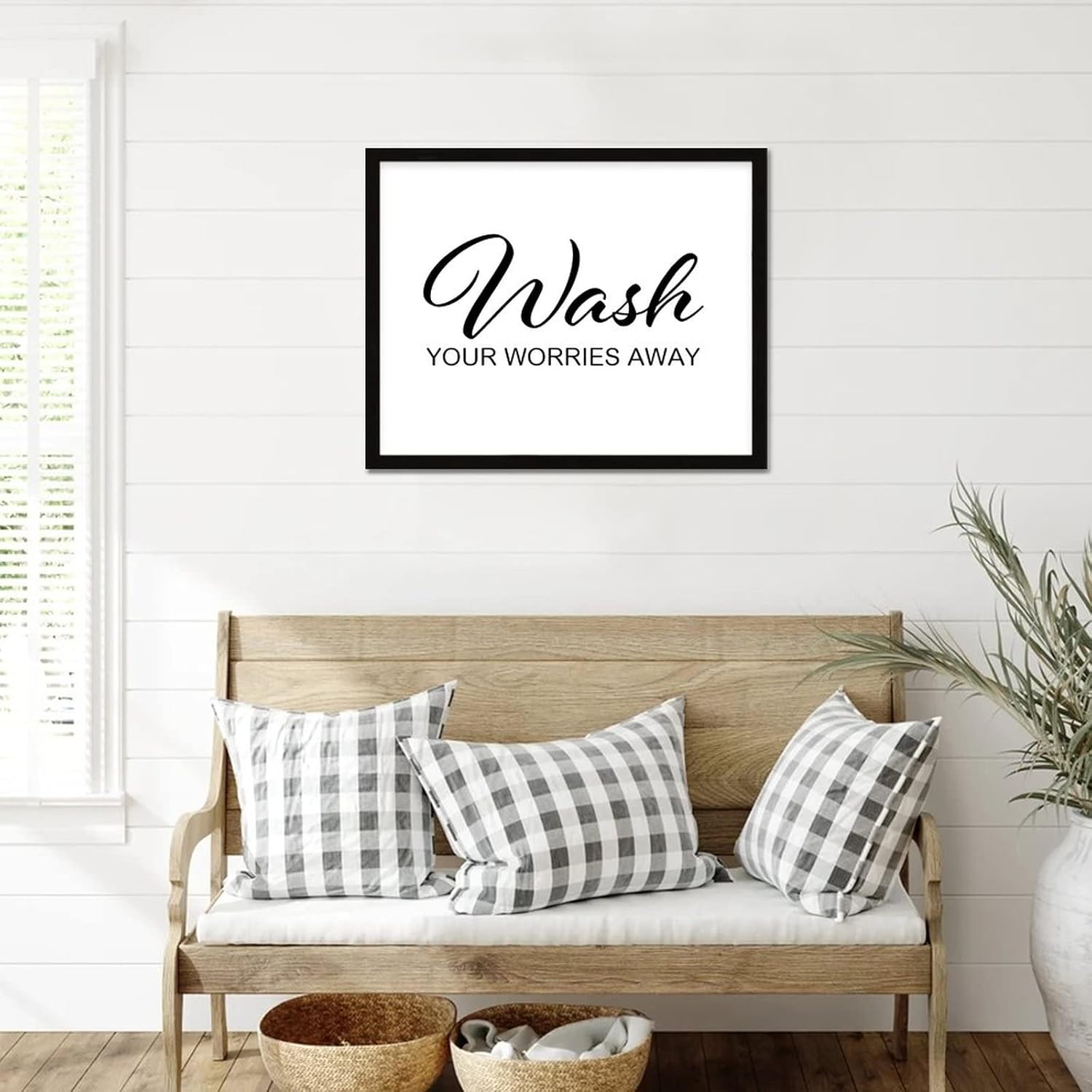 Alioyoit Country Style 16x20in Wood Sign with Motivational Quote Wash Your Worries Away Hang Black Frame Wooden Plaque for Shelf Farmhouse Garden Yard Porch Cottage Wall Decor