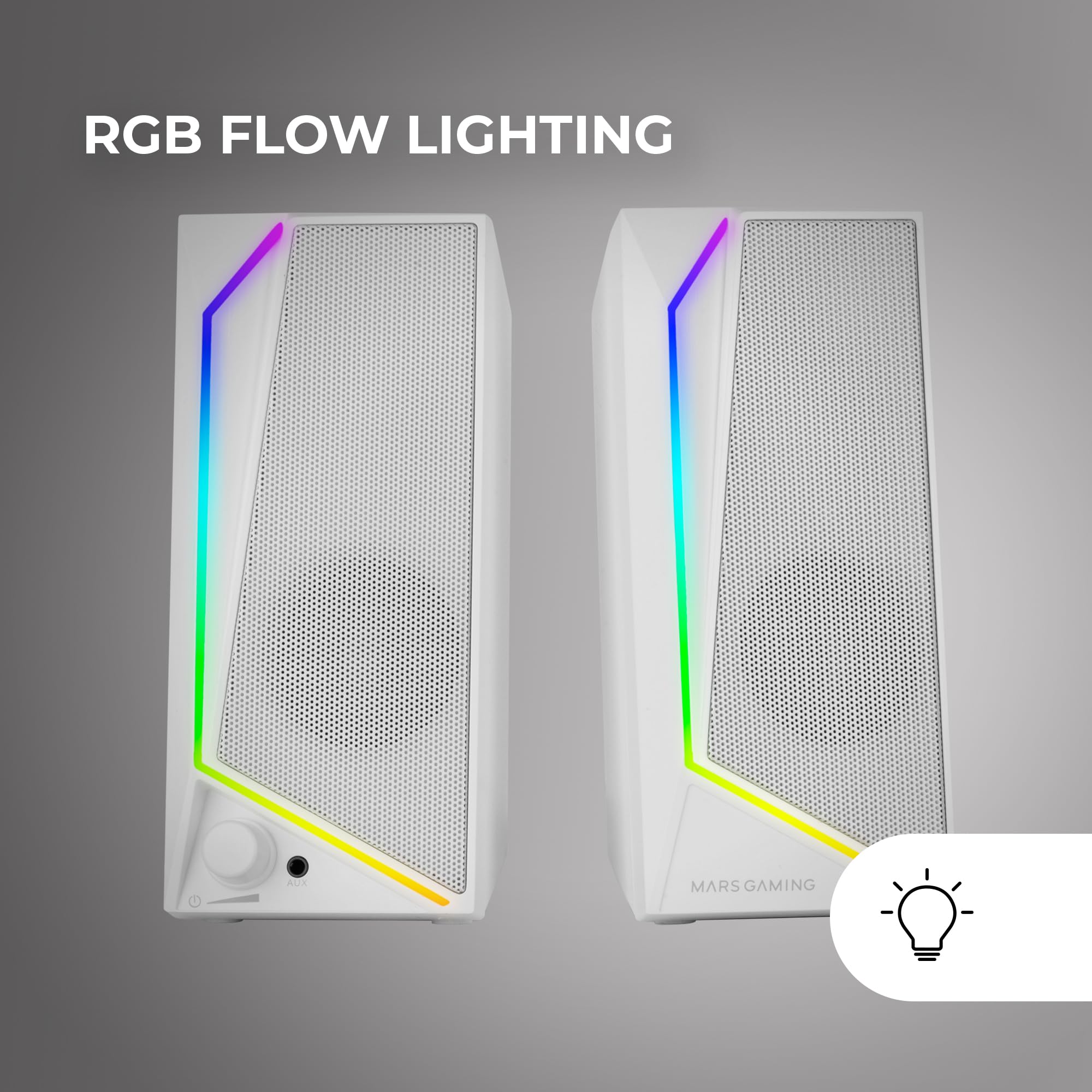 Mars Gaming MS72, Altoparlanti Gaming 15W, Illuminazione RGB Flow, 2 Driver Attivi, Chipset DSP, Connessione Plug&Play USB e Jack 3.5mm, Rotella Controllo Volume e Porta Audio per Cuffie, Bianco