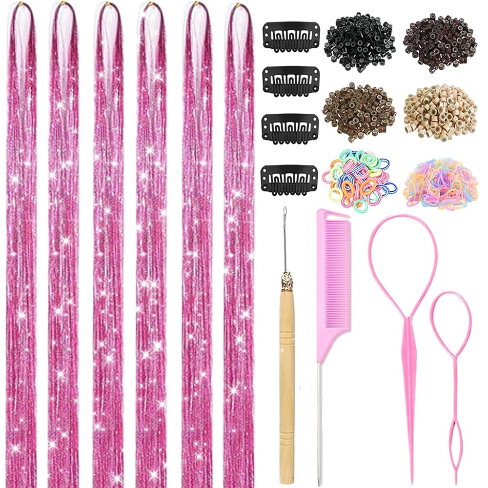 Hair Tinsel with Tools, Fairy Hair Tinsel Kit for Girls 1800 Strands Extensions, 48 Inch Heat Resistant Holographic Colored Hair Glitter Christmas Sparkle Party Halloween Festival (Pink)