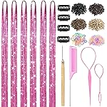 Hair Tinsel with Tools, Fairy Hair Tinsel Kit for Girls 1800 Strands Extensions, 48 Inch Heat Resistant Holographic Colored Hair Glitter Christmas Sparkle Party Halloween Festival (Pink)