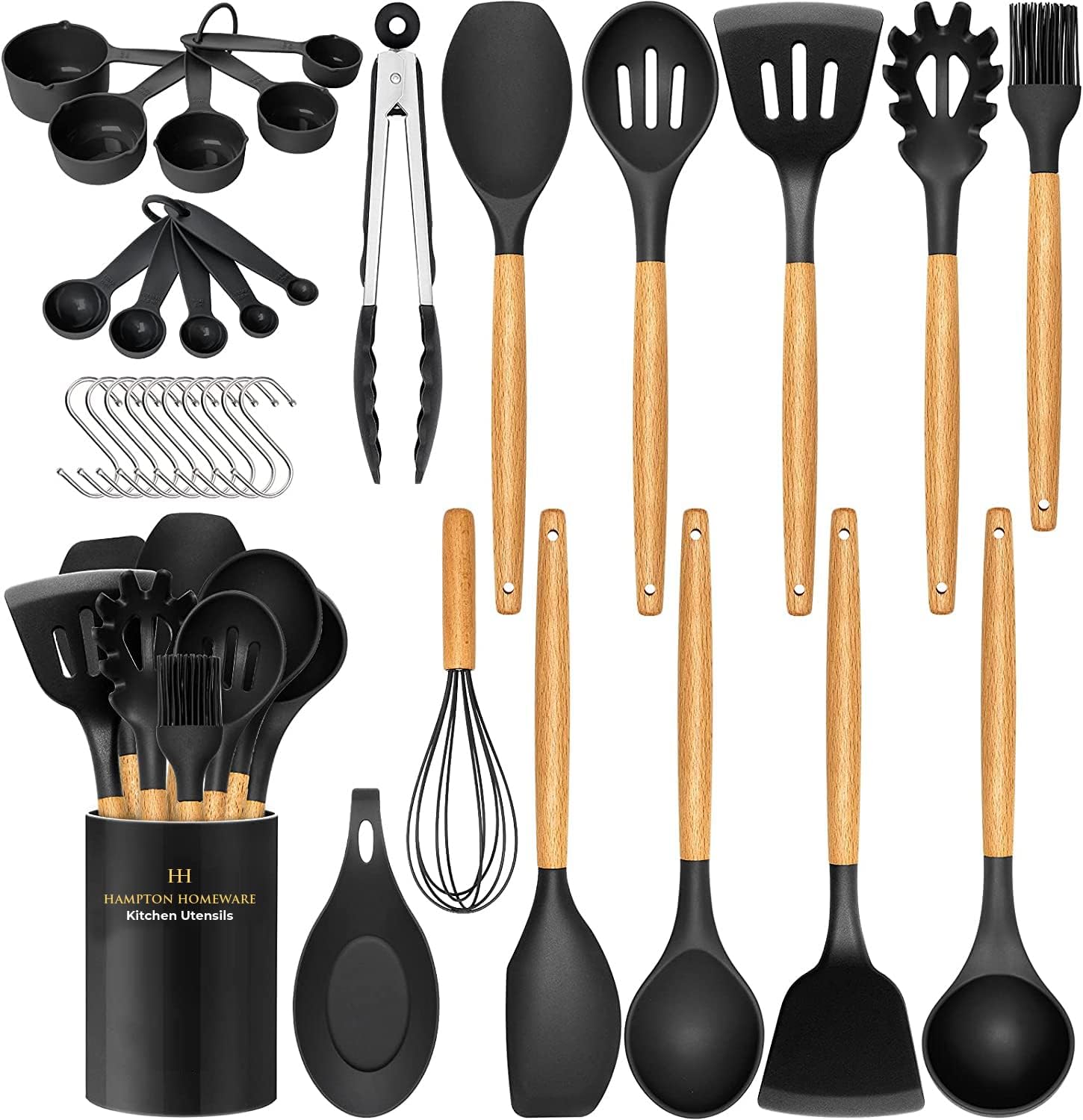 ArtekKitchen Cooking Utensils Set, 33 pcs Non-Stick Silicone Cooking Kitchen Utensils Spatula Set with Holder, Wooden Handle Silicone Kitchen Gadgets Utensil Set (Black)
