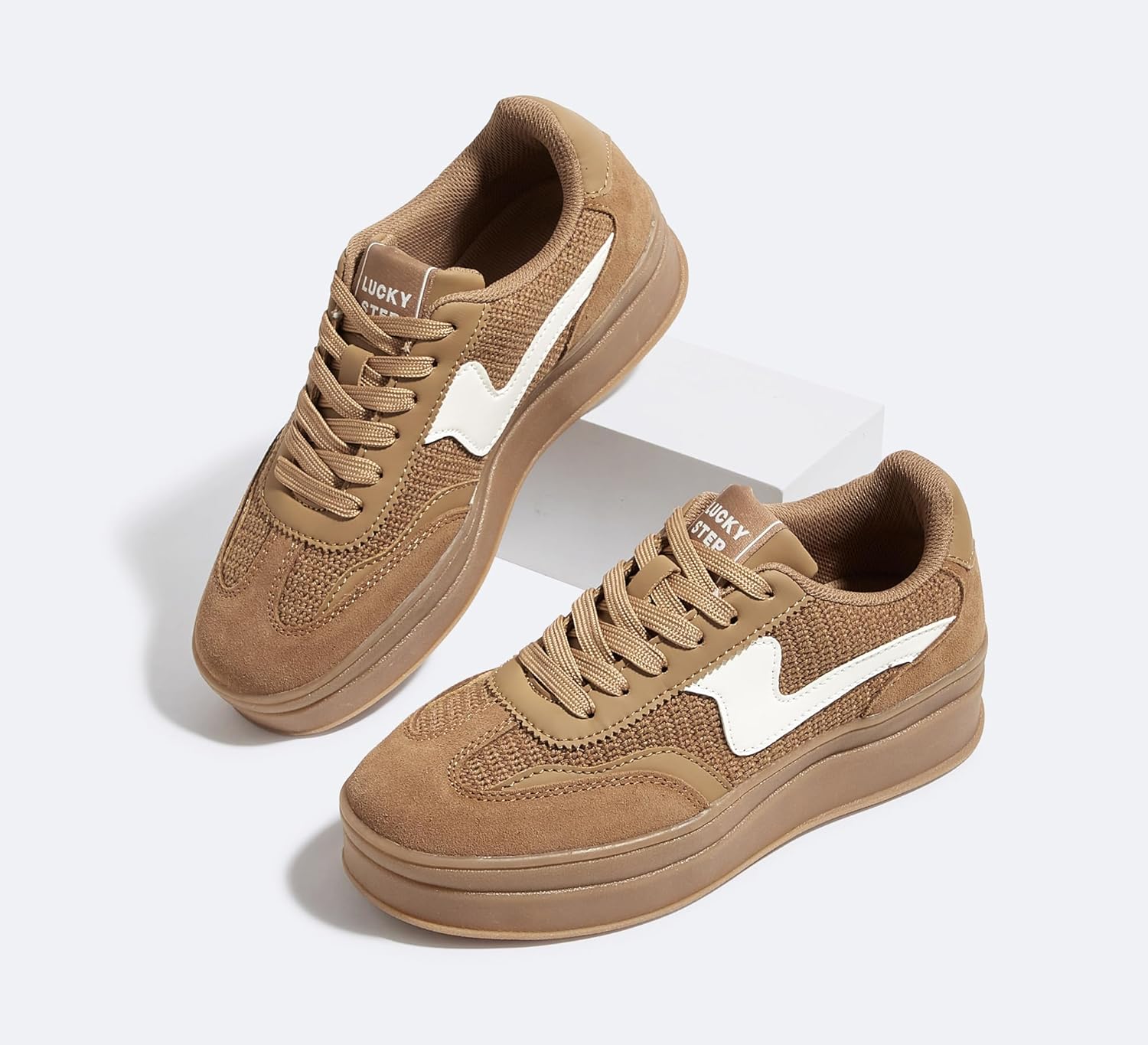 LUCKY STEP Women's Platform Fashion Sneakers Thick Sole Suede Faux Leather Classic Rubber Gum Sole Low Top Casual Walking Shoes