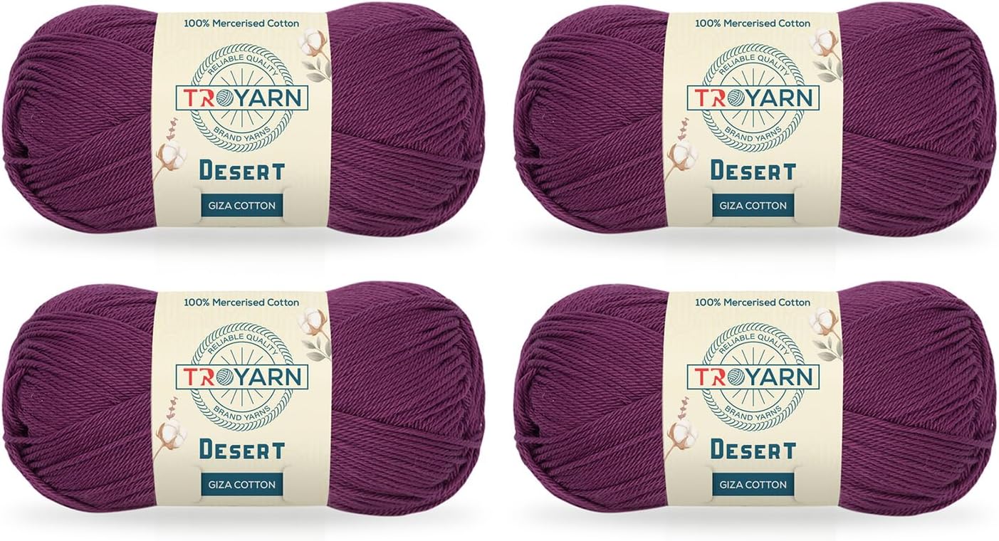 Troyarn Desert Giza Cotton (4- Skeins Pack) 100% Mercerized Giza Cotton Yarn Super Fino Worsted Weight #1 Soft Knitting and Crochet Yarn (4 x 1.76 oz) / (4 x 137 Yds) (11067 - Damson)