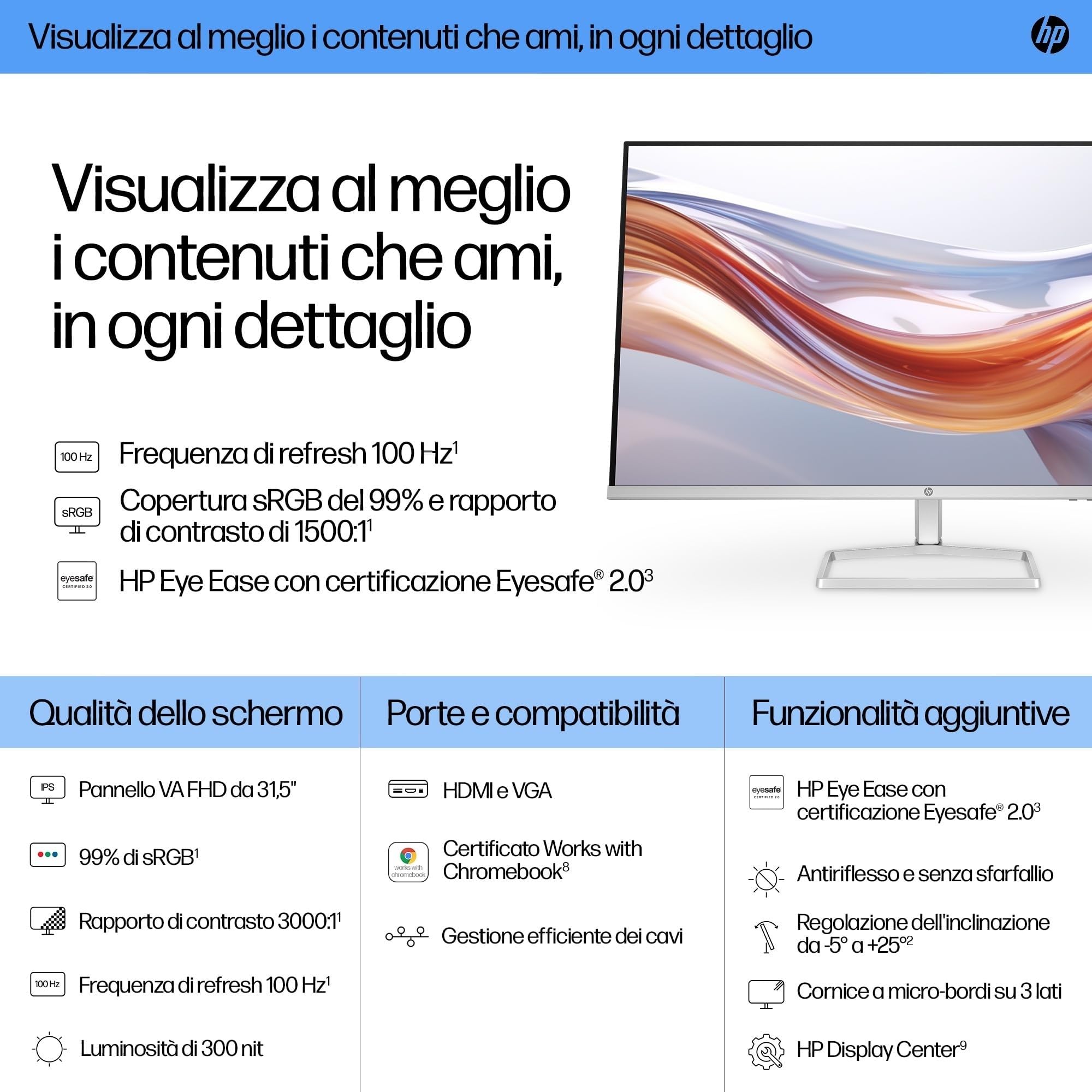 HP 532sf Monitor, Schermo da 31,5" FHD IPS Antiriflesso, Tecnologia Eye Ease, Tempo Risposta 5 ms GtG Overdrive, Risoluzione 1920 x 1080, Software Display Center, HDMI, Nero