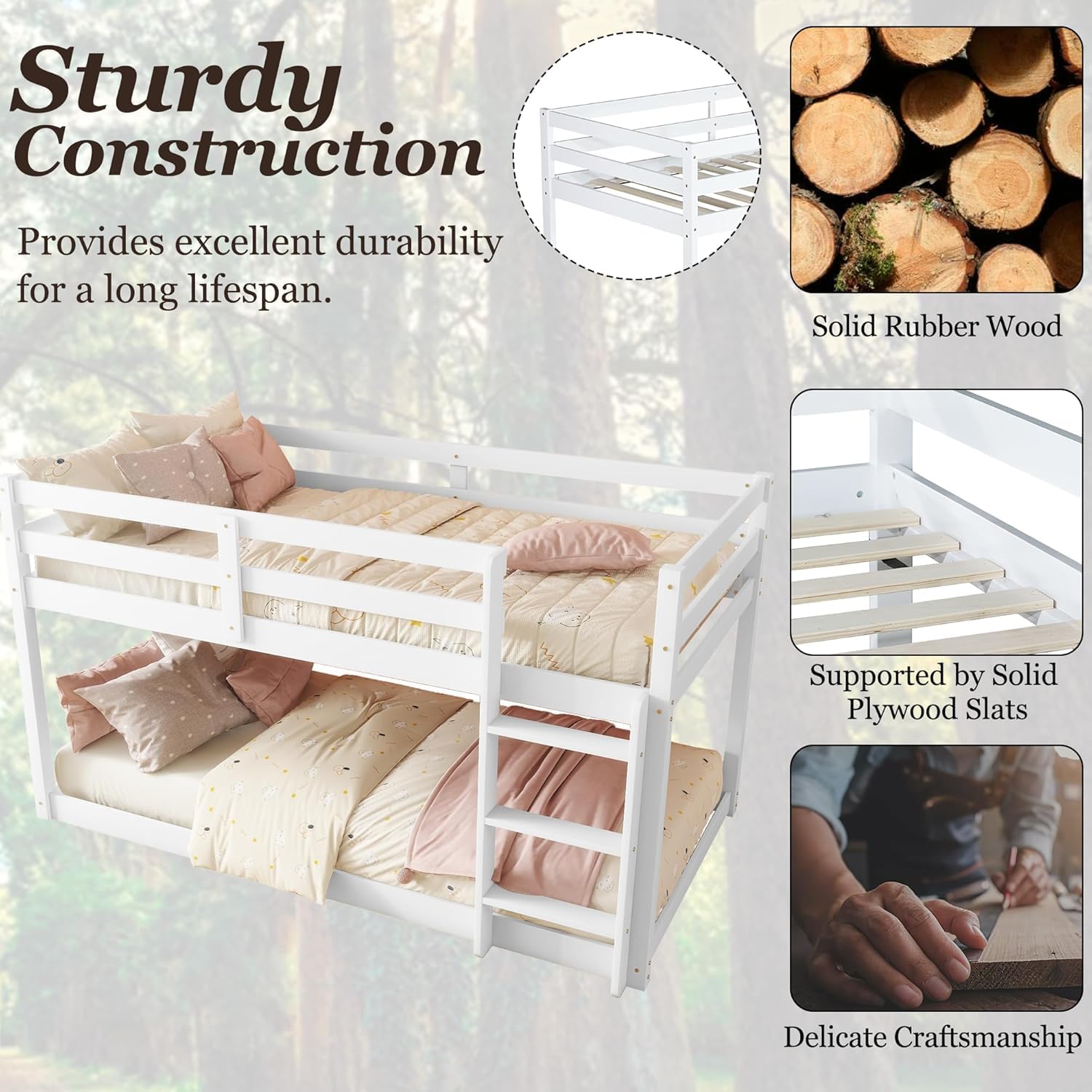 Twin Over Twin Floor Bunk Bed for Kids, Low Bunk Beds with Ladder, Solid Wood Bunk Bed Frame with Guardrails, No Bottom Slats (White)