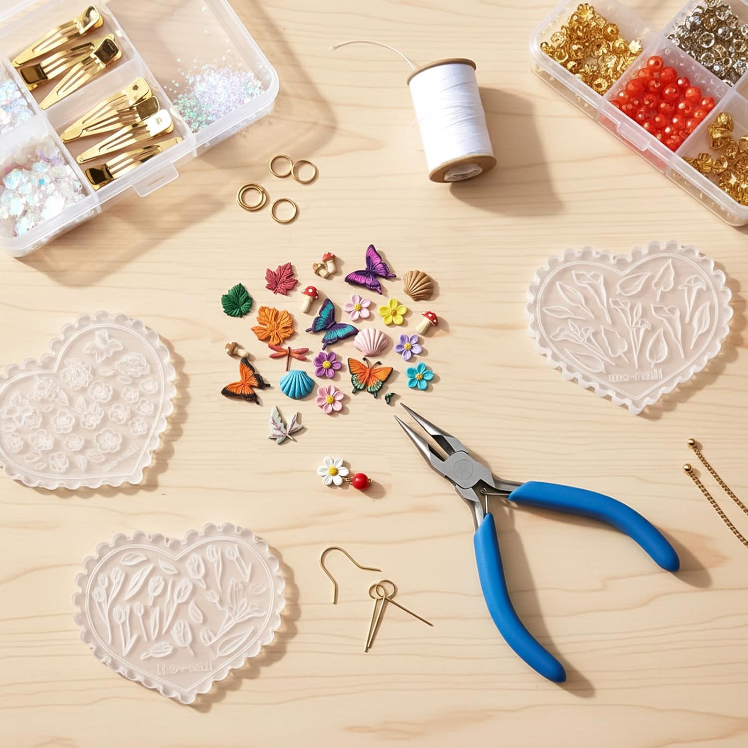 16 Pcs Mini Polymer Clay Molds, Mini Spring Flower and Leaf Molds Small Summer Seashell and Starfish Mold Butterfly Silicone Mold for DIY Craft, Earring Making