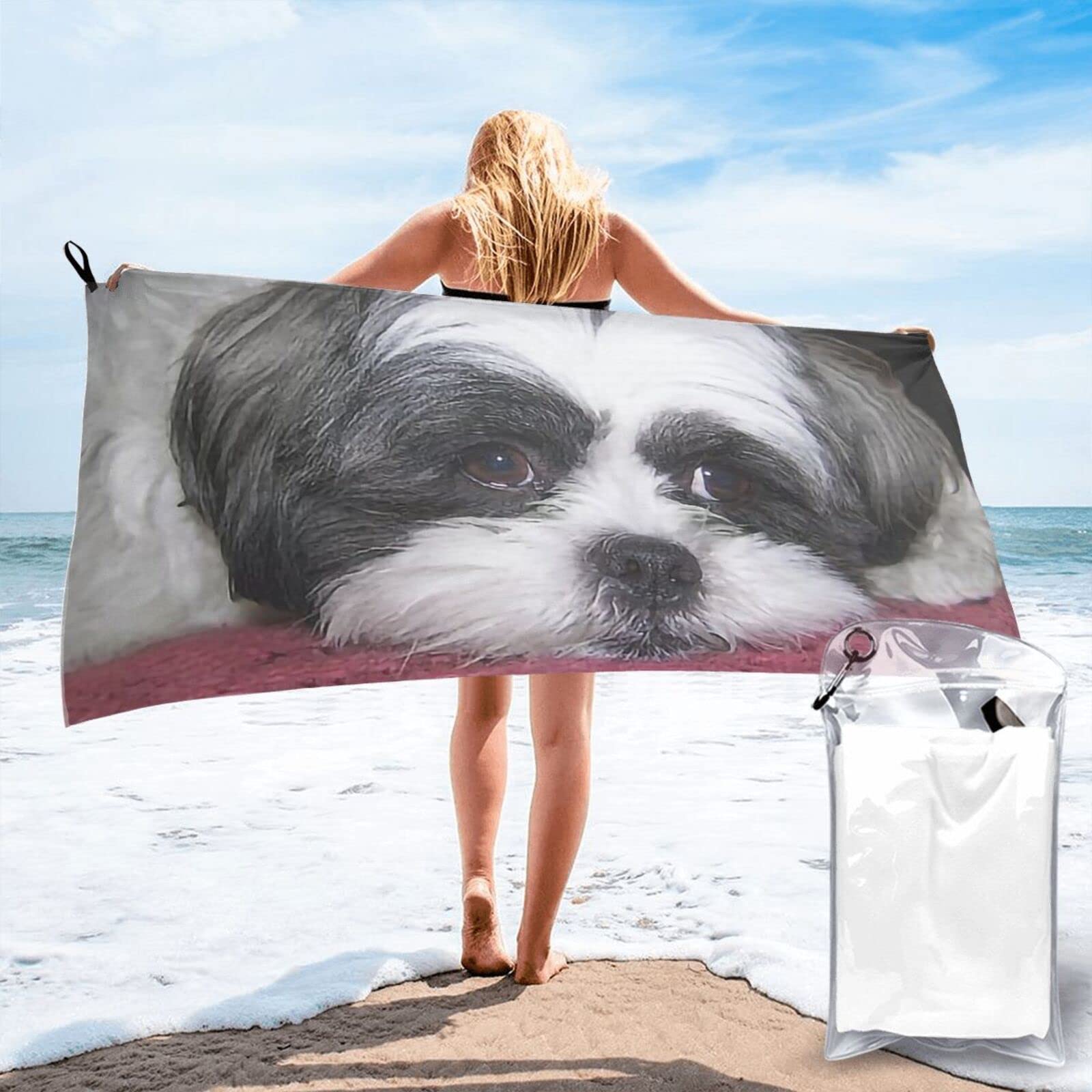 Lawenp Cute Shih Tzu Dog5080 Microfiber Beach Towel Adults Large Quick Drying Bath Towel Travel Towels with Pouch 27.5"x55"