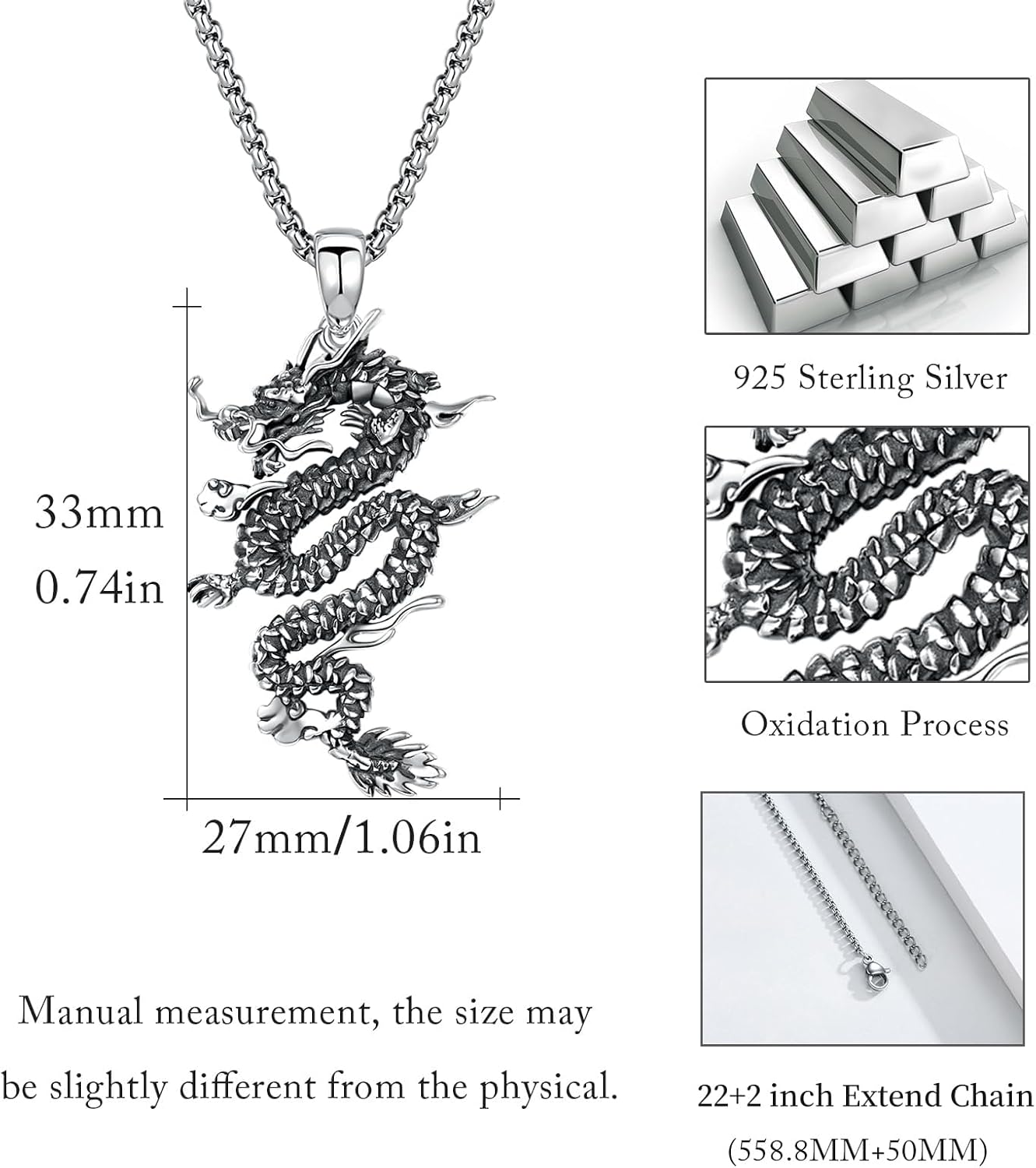 Dragon Necklace for Men 925 Sterling Silver Dragon Pendant Necklaces Protection Jewelry Gift for Men with 2.0mm 22"+2" Stainless Steel Box Rolo Chain - Image 6