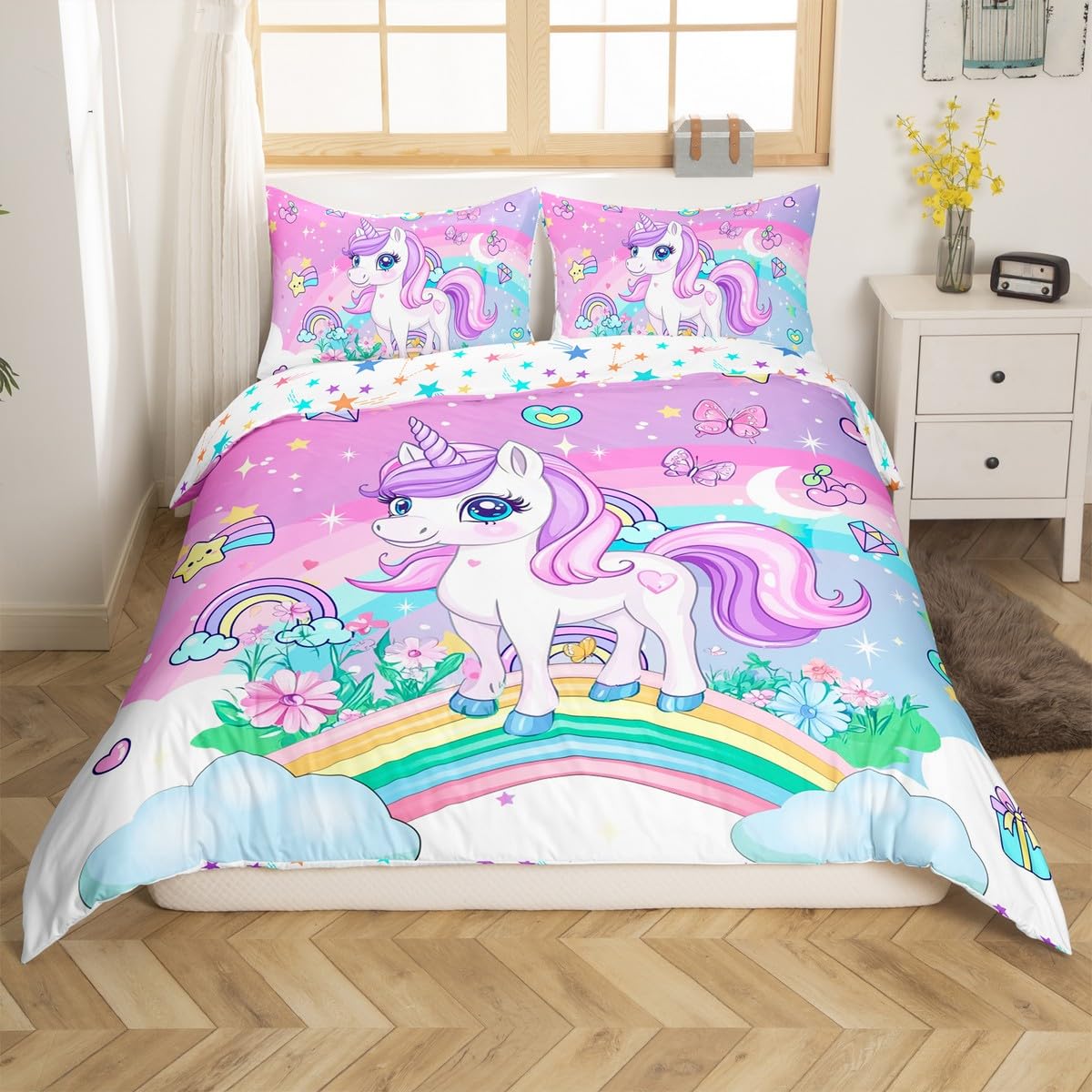 Homemissing Cartoon Unicorn Duvet Cover Set King Size For Kids Girls Teens Rainbow Bedding Set Girls Butterfly Floral Comforter Cover Set Princess Style Quilt Cover with 2 Pillowcase - Image 3