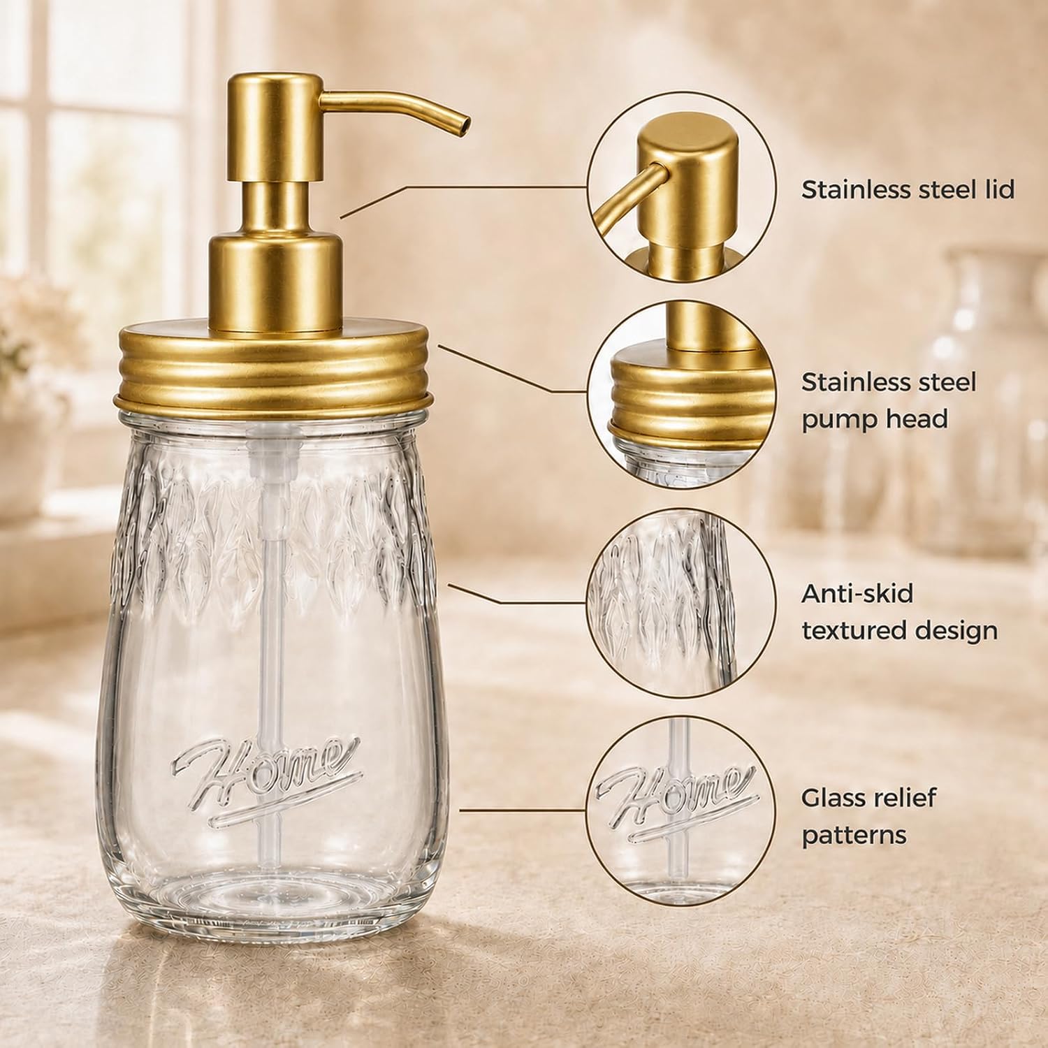 17 oz Mason Jar Soap Dispenser with Stainless Steel Pump,Gold,1 Pack image 2