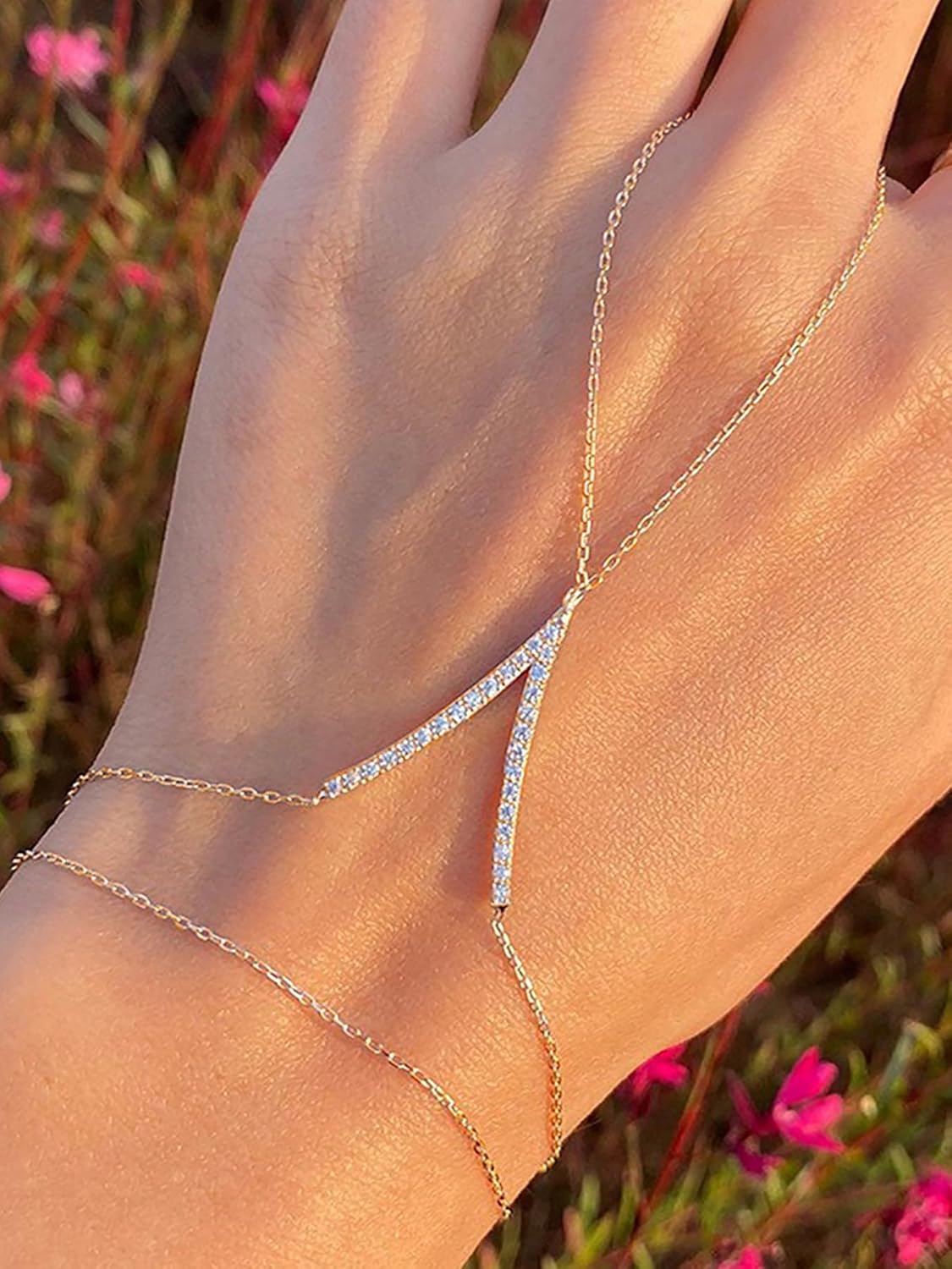 MODRSA Hand Chain Bracelet Gold Hand Chain Ring Bracelet Hands Chain Jewelry Rhinestone Handchain Finger Bracelets non Tarnish Waterproof Dainty Bridesmaid Accessories - Image 2