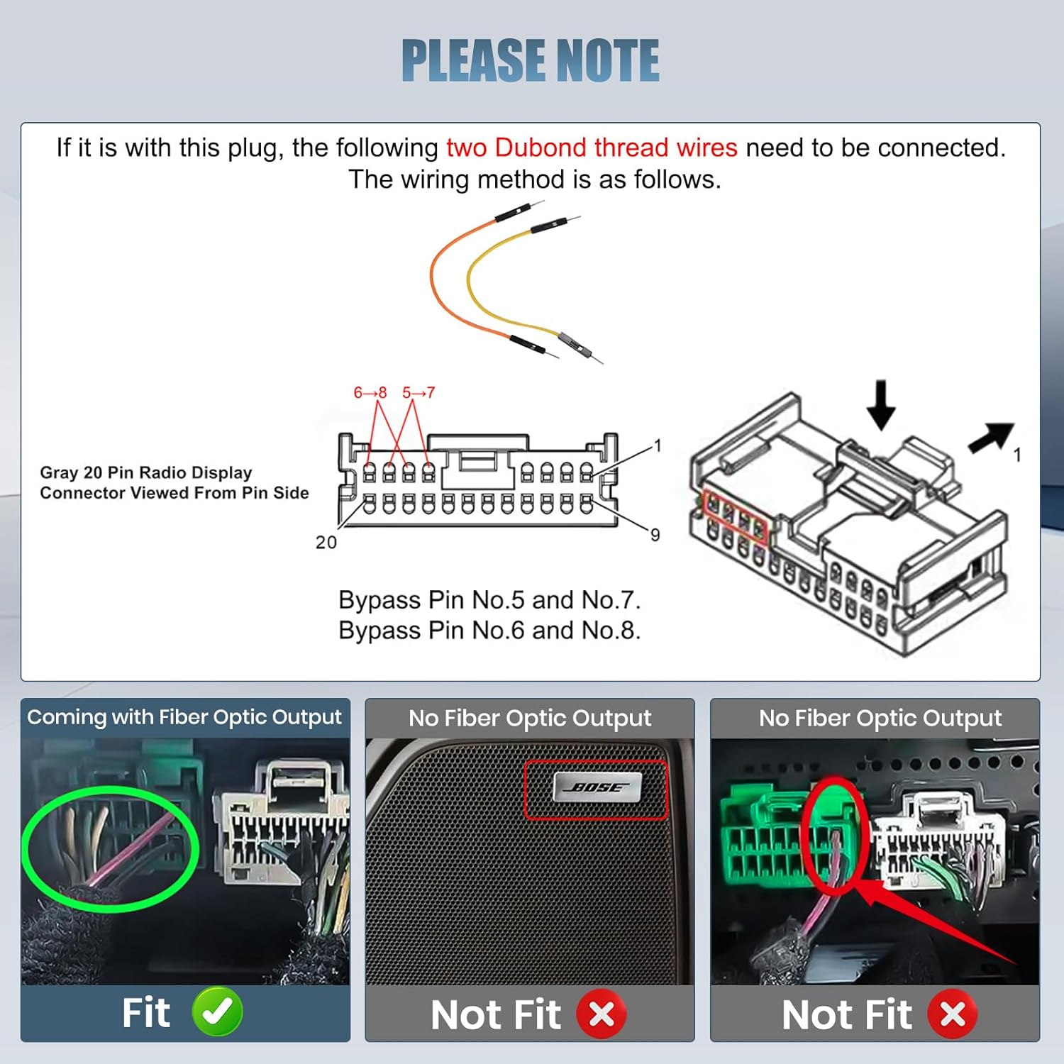 Diagram illustrating specific wiring instructions for Dubond thread wires and compatibility with fiber optic output systems.