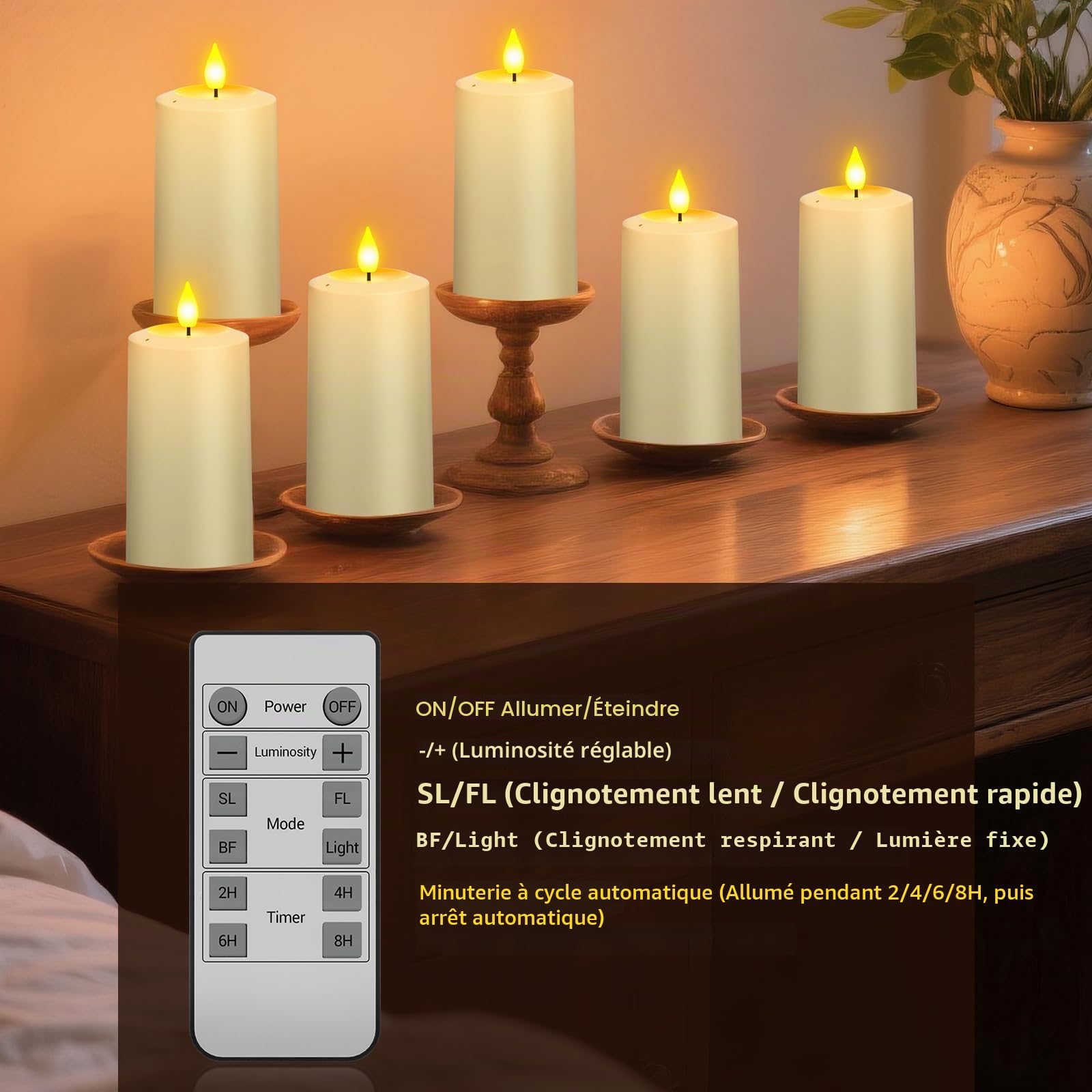 PChero Bougies rechargeables, lot de 4 bougies LED sans flamme électriques avec design soufflé, à piles, en forme de pilier, vacillantes avec télécommande et minuteur pour la décoration de la maison