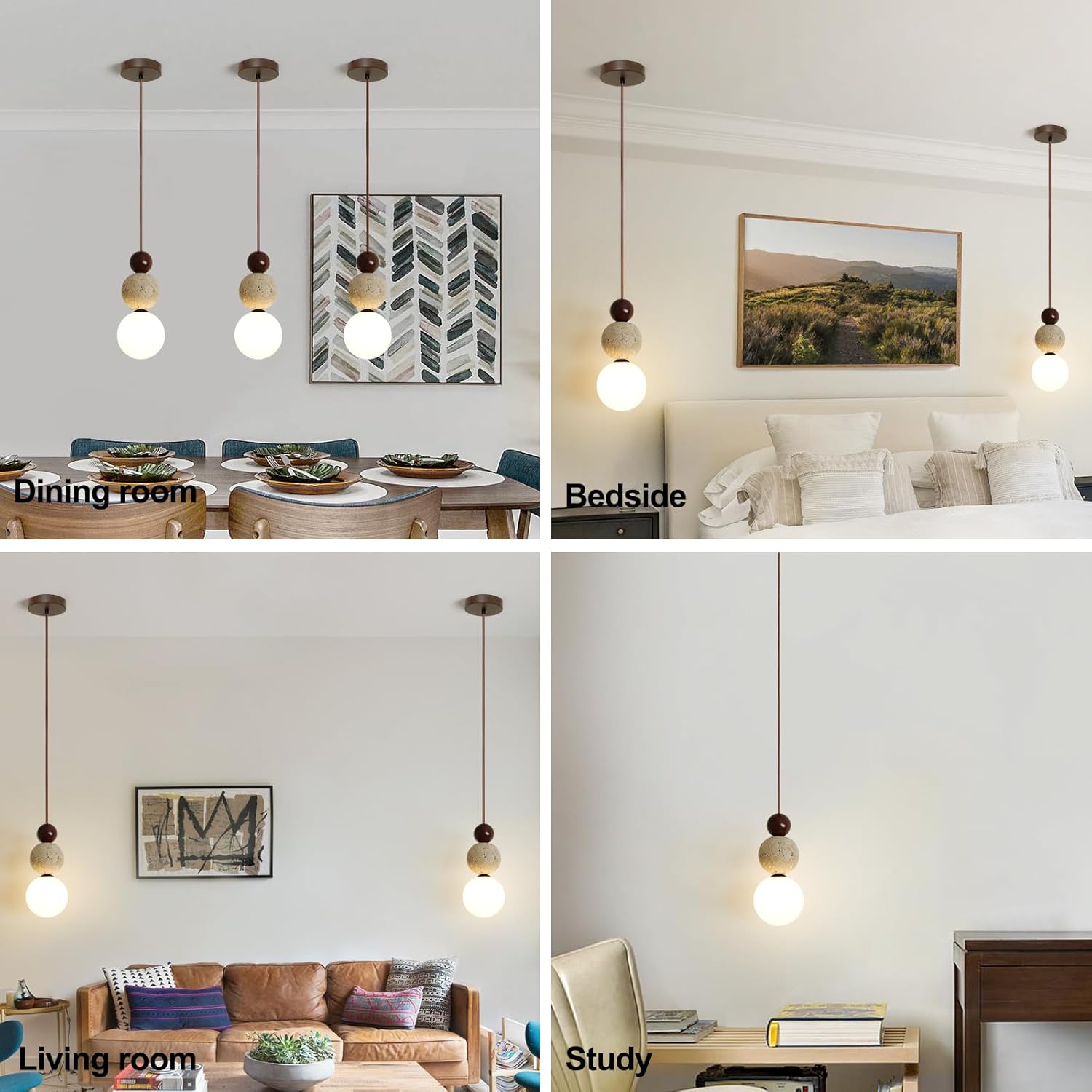 Nordic Stone Pendant Light, Japanese Natural Yellow Travertine Stone Lamp Wabi-Sabi Chandelier Compatible with G9 Bulb Socket, Suitable for Kitchen Island, Dining Room, Bedside, Bar (Walnut Color)