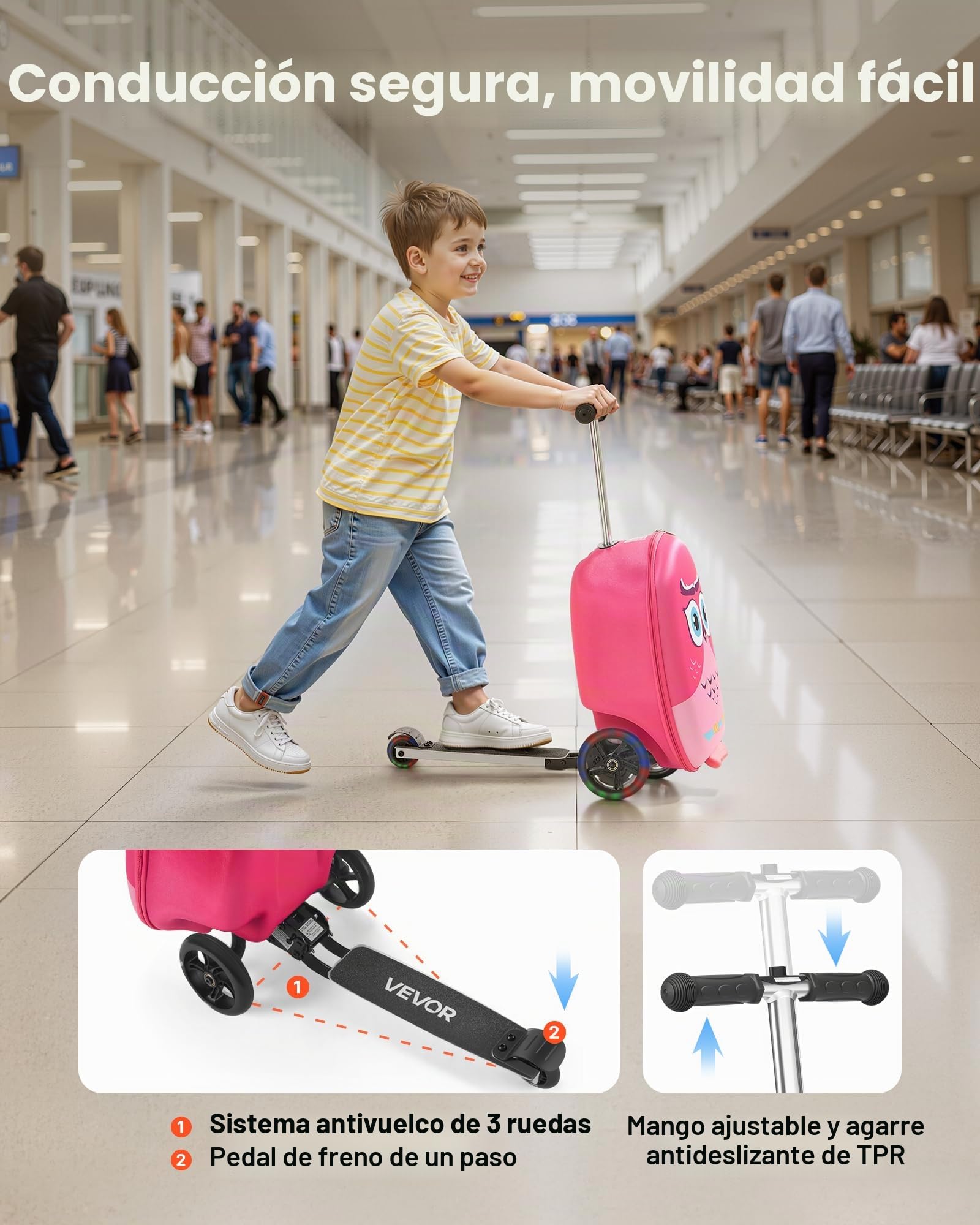 VEVOR Maleta Patinete Infantil 315x670x790 mm Capacidad de 20 L con Ruedas de Poliuretano Asa Ajustable Agarre Antideslizante de TPR Plegable y Ligera para Niños Mayores de 5 Años para Viajar, Rosa