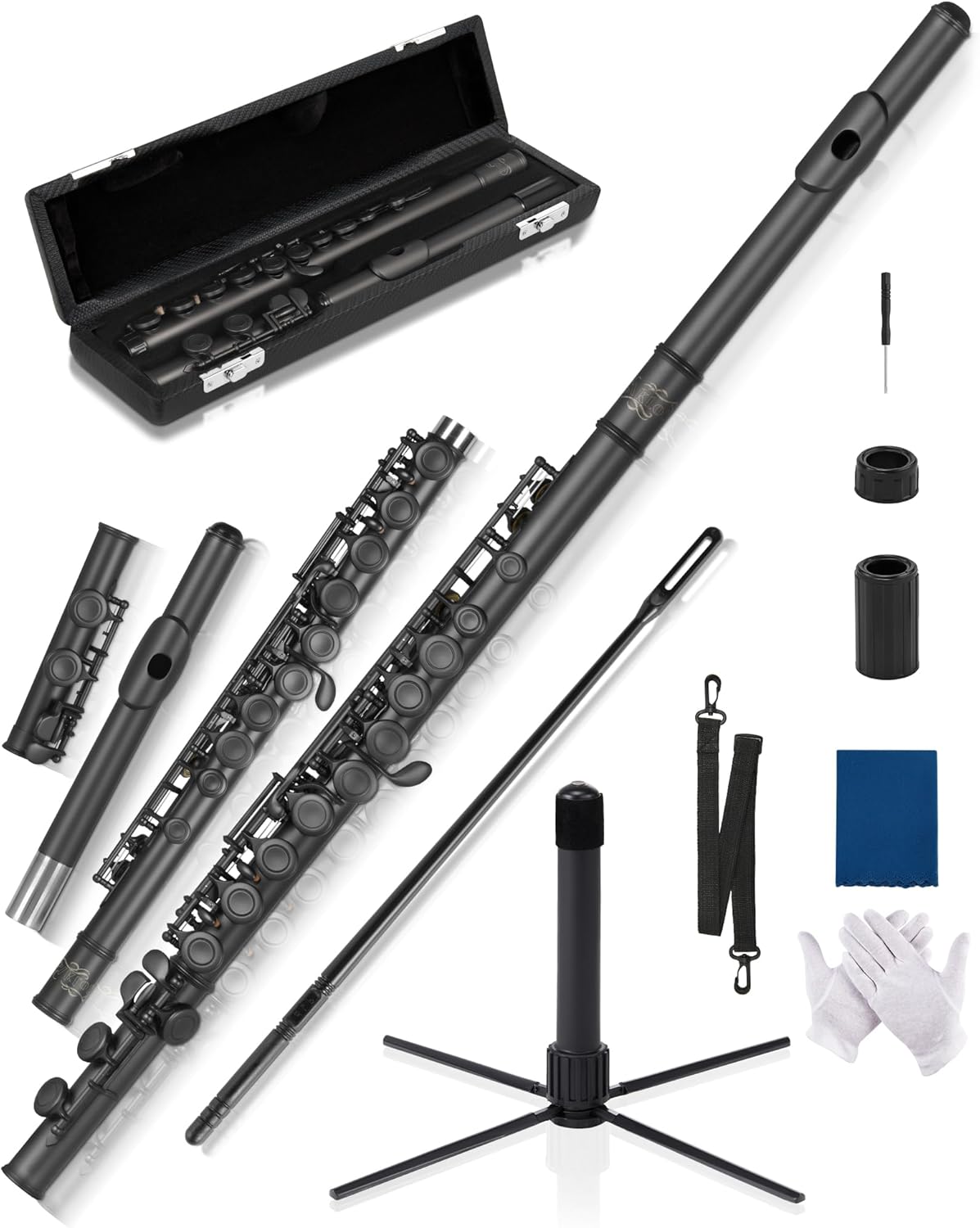 AKLOT Closed-Hole Concert C Flute: Flute Instrument with 16 Keys, Offset G, Smooth Black Nickel Keys, Air-Tight Pads, Include Stylish Leather Hard Case, Cleaning Kit, Stand, Gloves (LUM-MB)