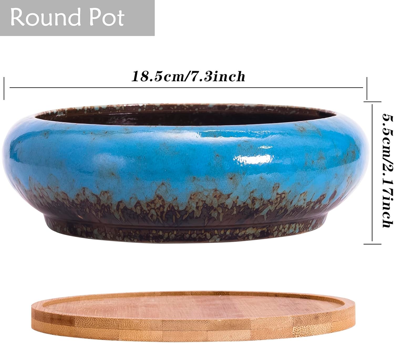 Succulent Pots, 1 Rectangle Planter + 1 Ceramic Bonsai Pot with Drain Tray, 2 Pack Large Shallow Succulent Planters for Indoor Plants, Round Cactus Flower Plant Pot for Desk Windowsill Decor