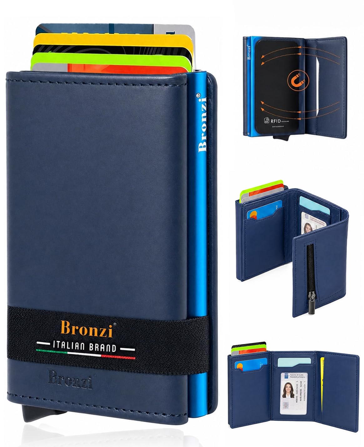 Bronzi Portafoglio Porta Carte Credito - Portafoglio Uomo Slim Portacarte uomo - Mini Porta Tessere - Protezione RFID - Design Smart Italiano (Blu)