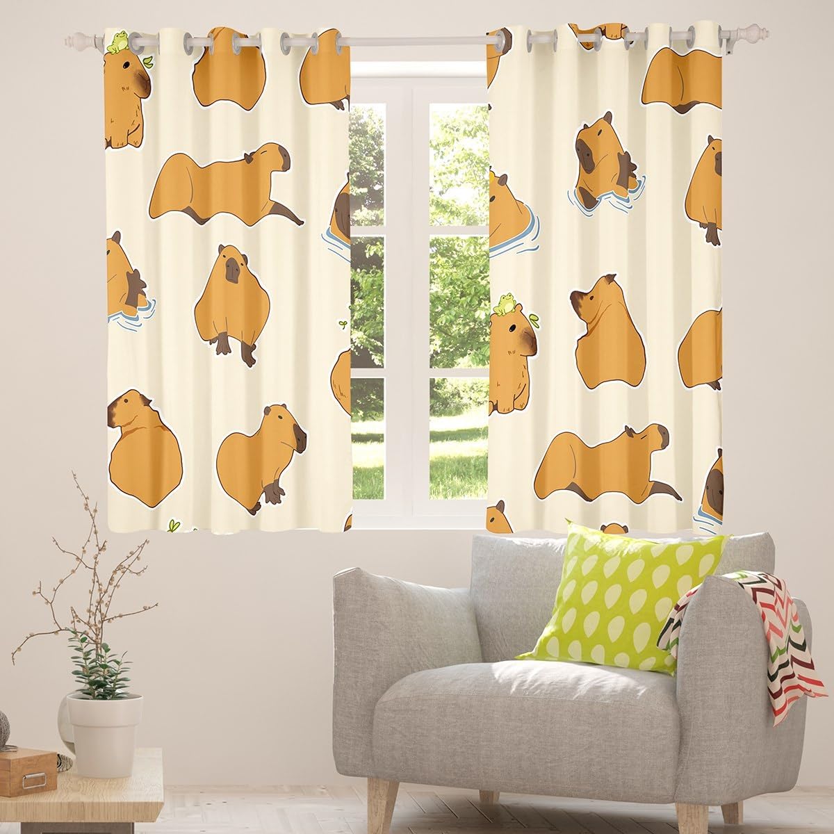 Cute Capybara Kids Curtains for Bedroom Brown Capybaras Window Curtains Living Room for Boys Girls Beige Toddler Kawaii Green Frog Window Dreapes Funny Animals Window Treatments，42x90 Inches,2 Panels image 5