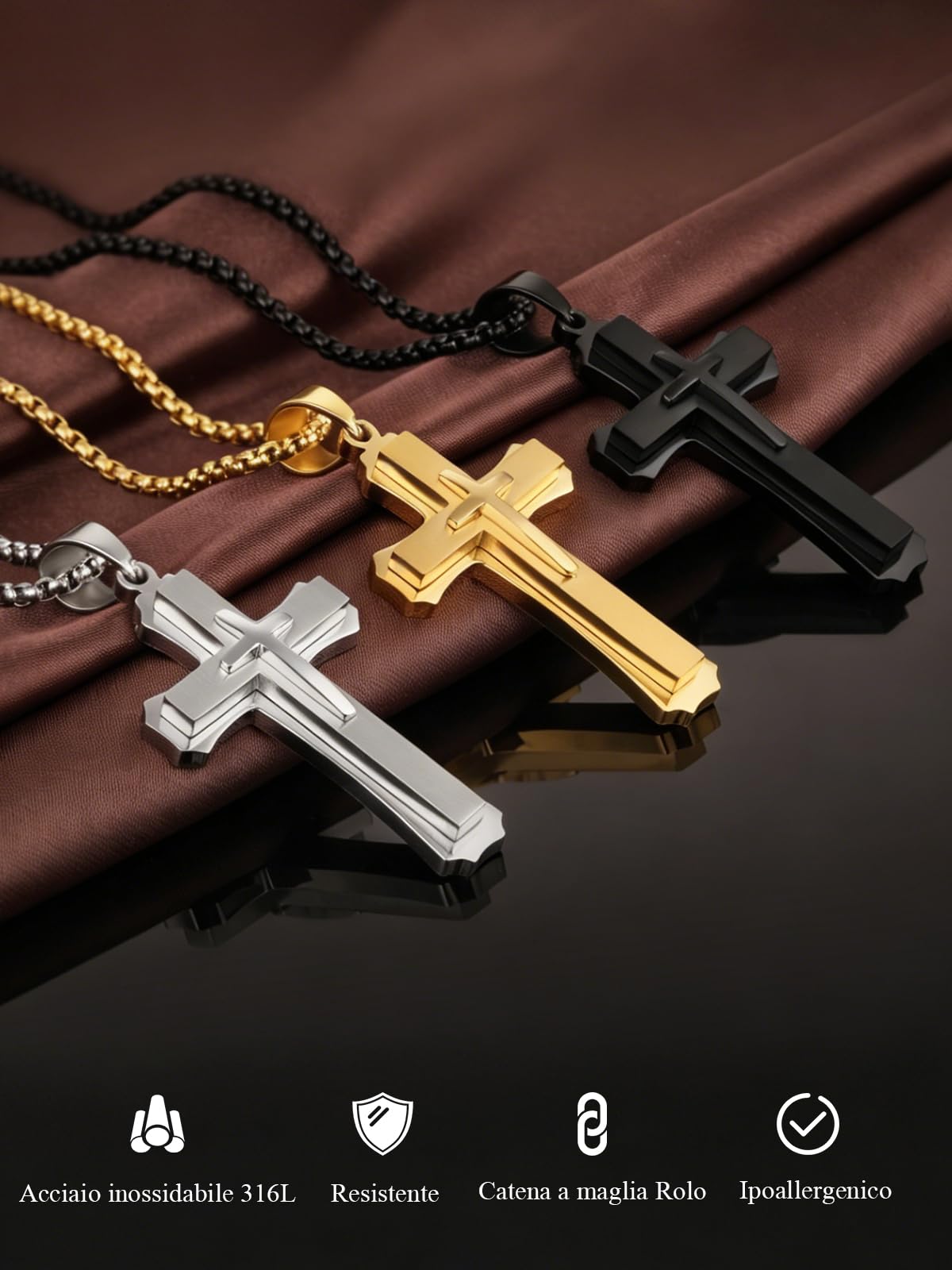 Collana Croce Uomo Argento/oro/nero Ciondolo Croce da Uomo Acciaio Inossidabile 316L Gioielli Cristiani