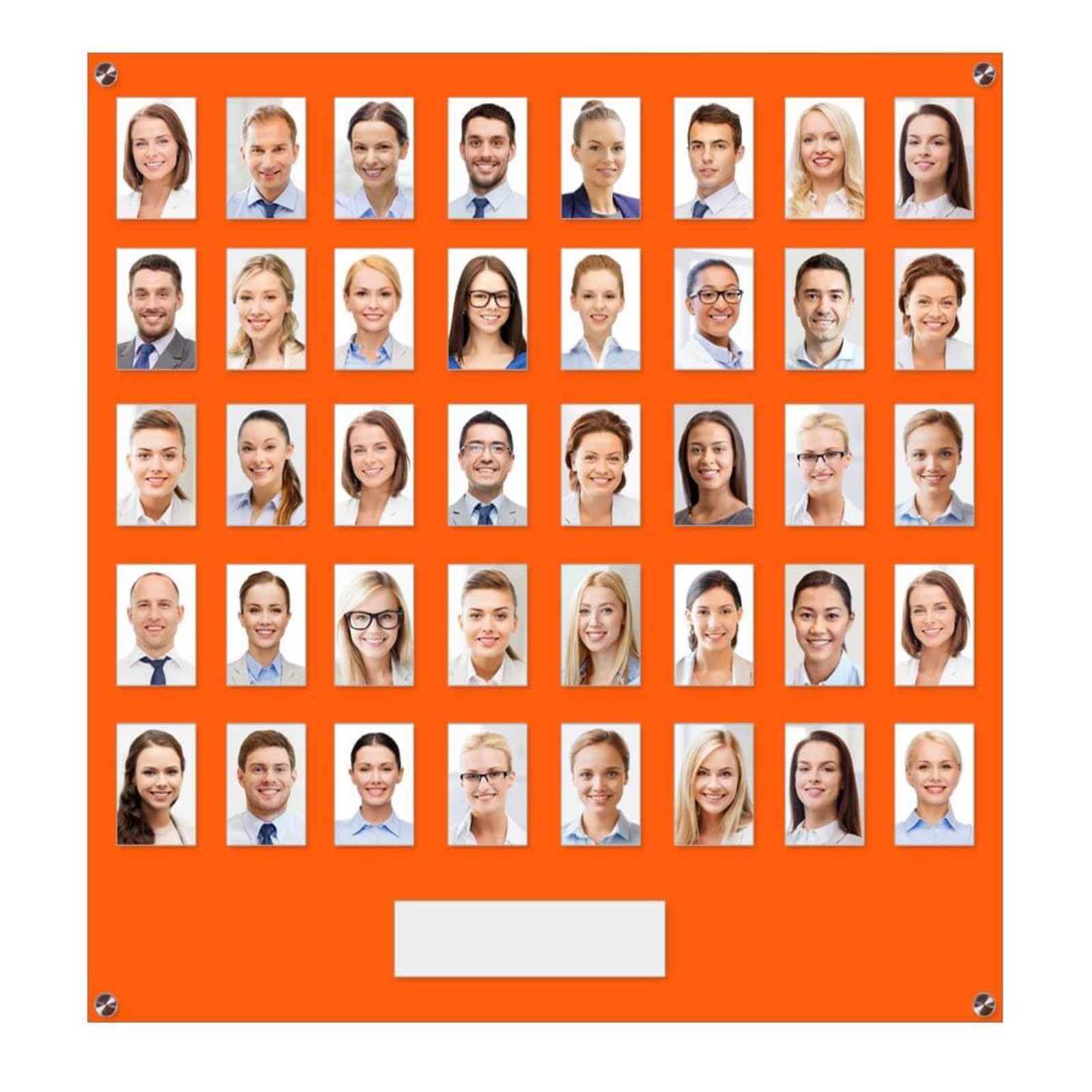 Get Acrylic Photo Frames - Orange 40 Pocket Image Staff, Student, Employee Display Board With Pocket Header. 605mm Height x 616mm Width (60.5cm x 61.6cm)