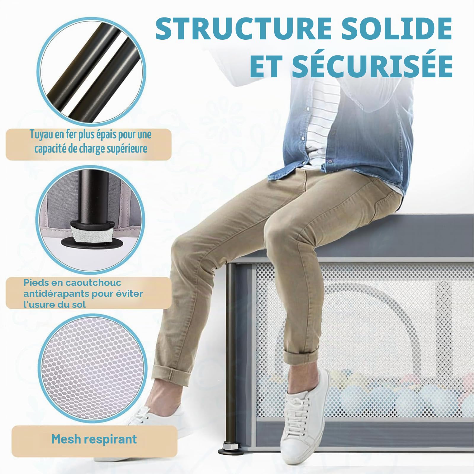 Parc pliable pour bébé avec matelas, intérieur et extérieur, gris, 180 x 127 cm | Design pliable innovant, filet respirant avec vision à 360°, fermeture éclair extérieure, Oxford 300D, sac de transport