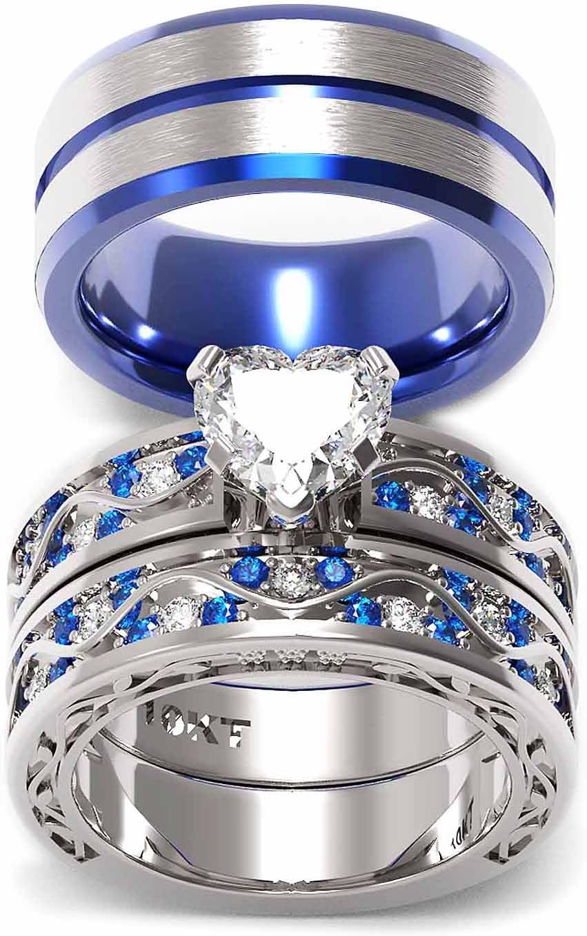 LOVERSRING Couple Ring Bridal Set His Hers Women 10kt White Gold Filled Heart Moissanite Men Titanium Wedding Ring Band Set