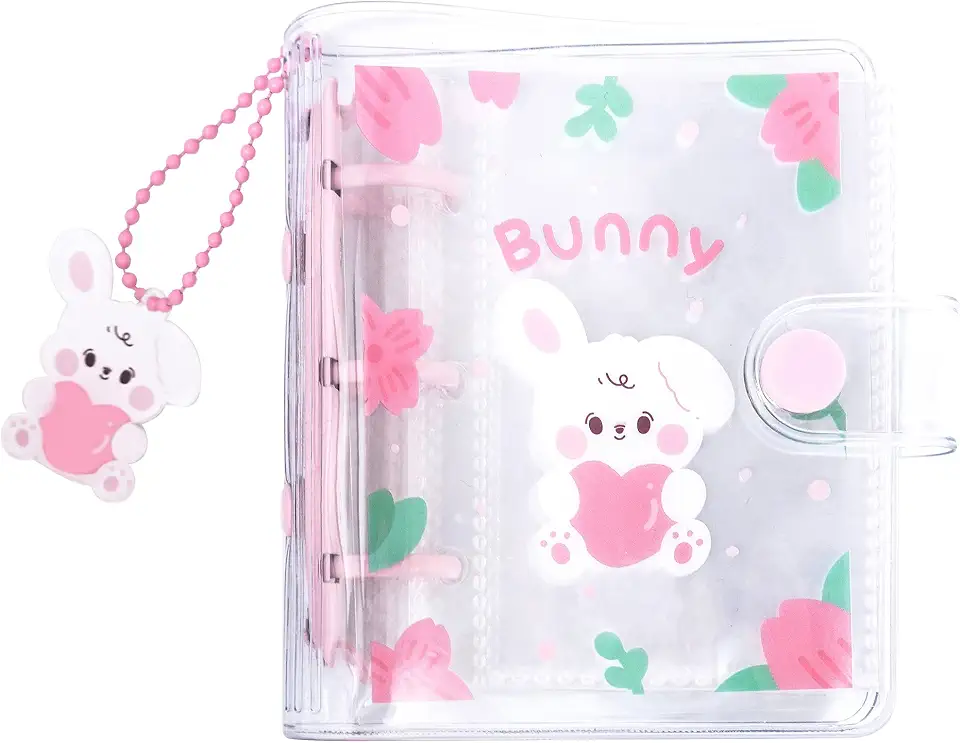 Mini álbum de fotos de 50 folhas de 40 bolsos de 3 polegadas em folha solta recarregável, 3 anéis, fichário transparente para fotocard Kpop com pingente fofo para armazenamento de cartões de foto (coelho rosa)
