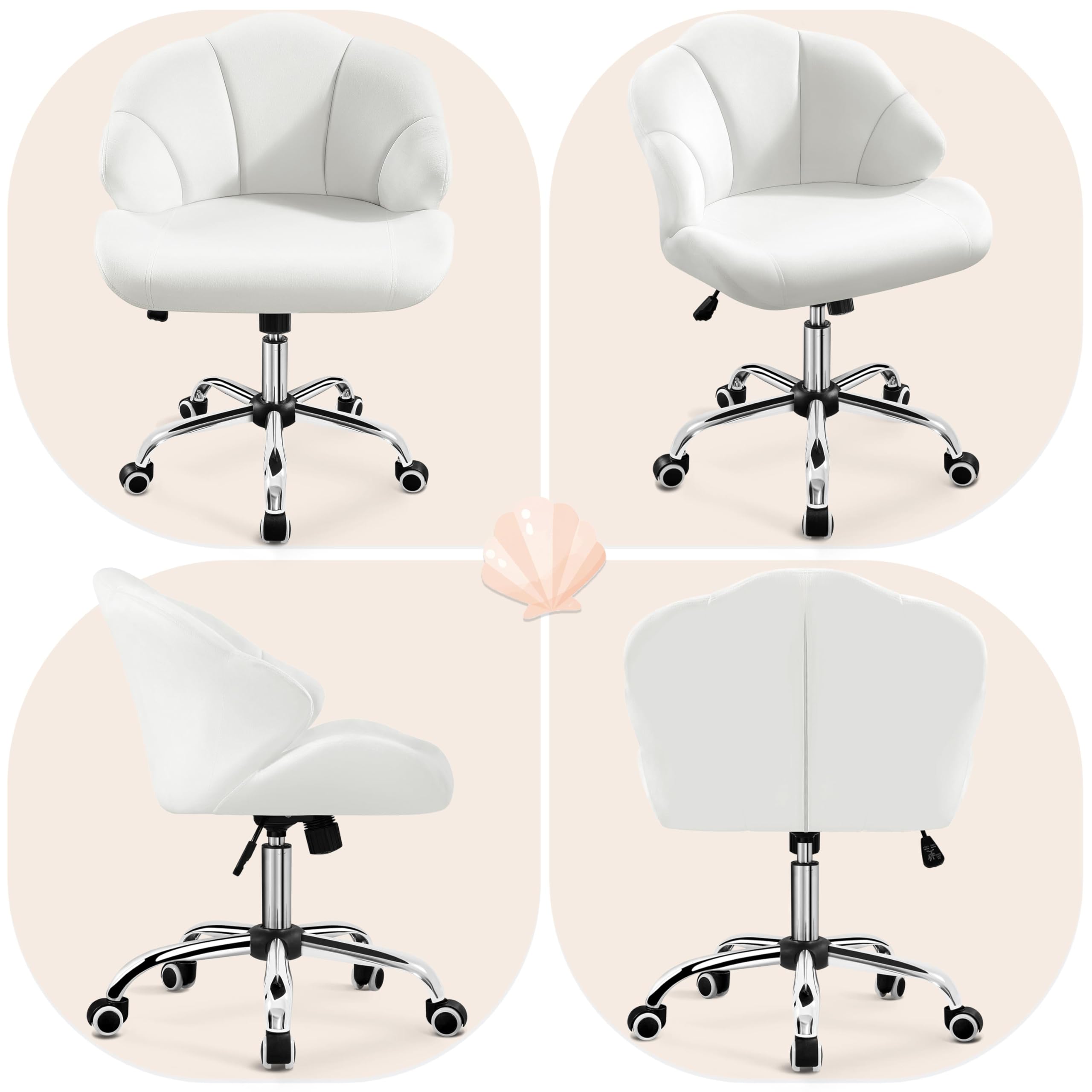 Yaheetech Homeoffice Stuhl Muschelform Schminkstuhl, höhenverstellbar Drehstuhl, Bürostuhl mit Wippfunktion, bis 136 kg belastbar, für Arbeitszimmer Schlafzimmer, Weiß | Schreibtischstuhl mit Wippfunktion, Drehstuhl bis 136 kg belastbar, atmungsaktiver St