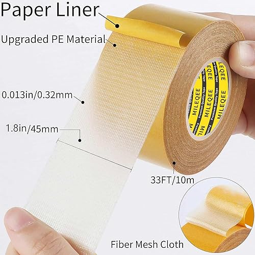 Vista 2 de Cinta de doble cara resistente, 1.8 pulgadas x 33 pies (32.8 ft), alta adherencia universal, adhesivo de pared fuerte con malla de fibra de vidrio