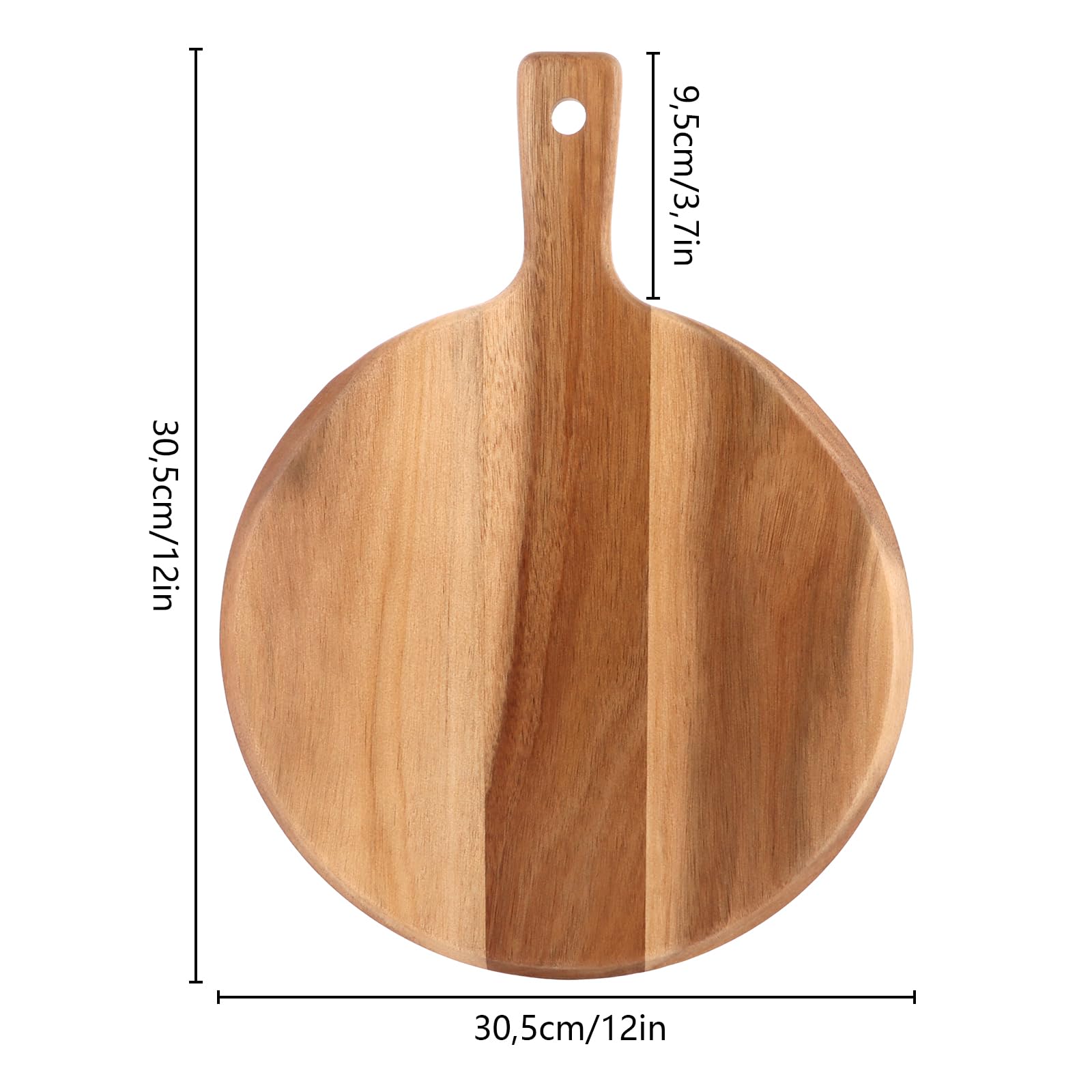 Lot de 2 assiettes à pizza rondes de 30,5 cm - Planche à découper en bois avec poignée - Plaque à pizza - Planche à charcuterie au fromage - Assiettes en bois pour pizza, tartes flambées