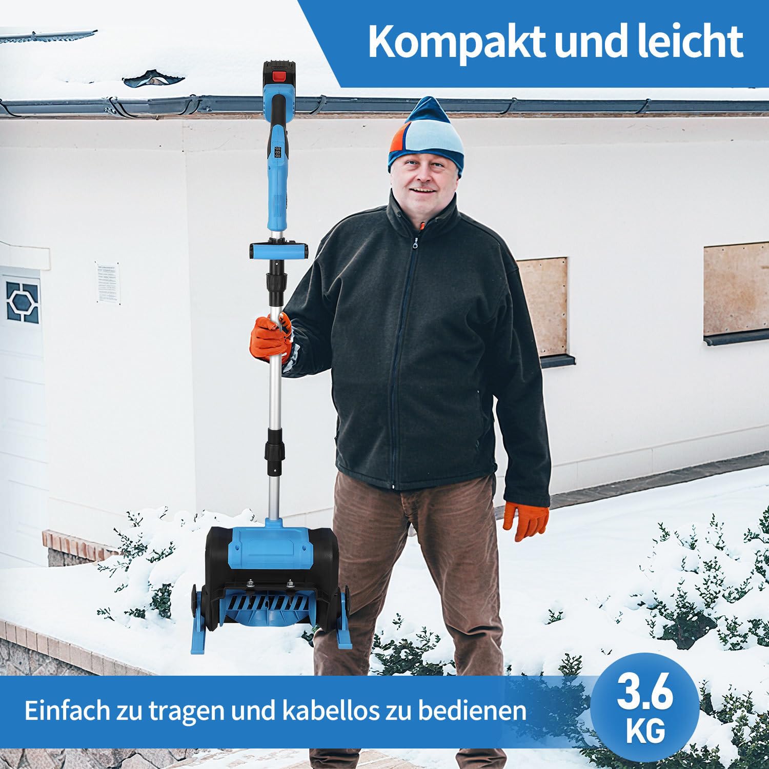 Akku-Schneefräse, 21V/1000W Elektrische Schneefräse mit 2×4500mAh Akkus & Ladegerät, 25cm Arbeitsbreite, 8m Wurfweite, Bürstenloser Motor, Leicht (3.6kg) für Gehweg & Terrasse