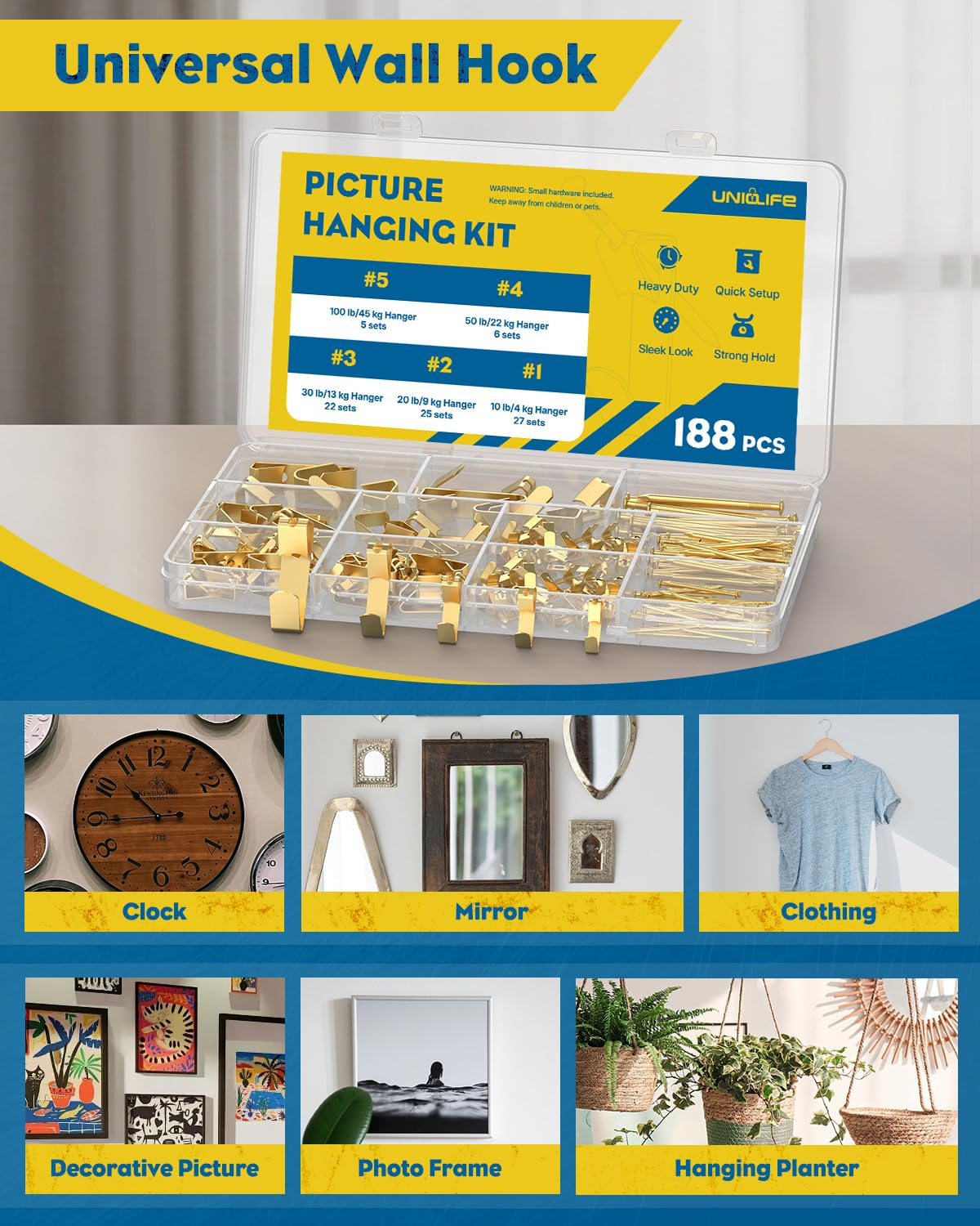 Uniclife Picture Hanging Kit - 188 Hooks & Nails -6