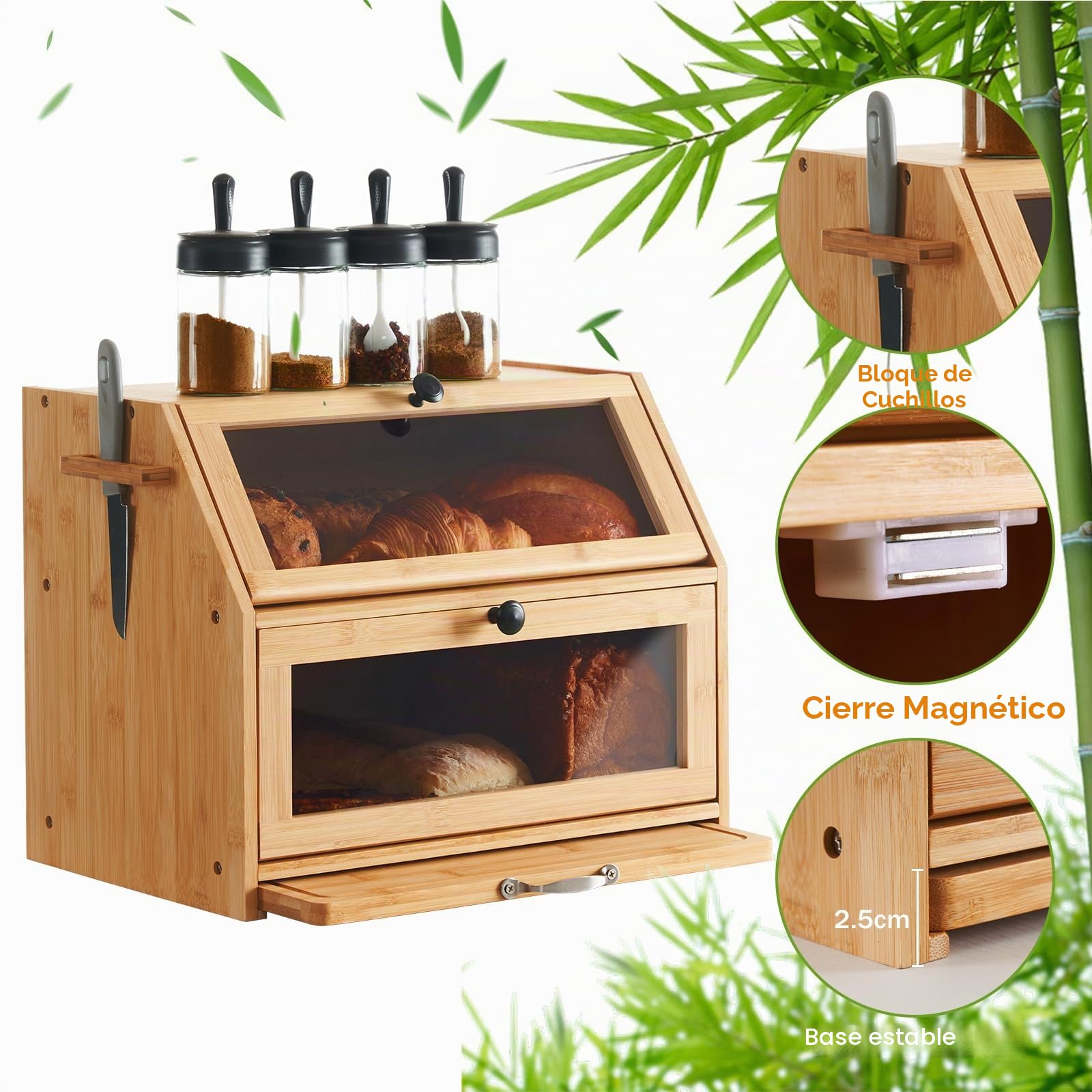 YOUDENOVA Panera Ecológica de Bambú Con Tabla de Cortar y Caja de Almacenamiento, Visualizada para Pan Tostado, 39 x 26 x 32,5 cm, Bambú Natural