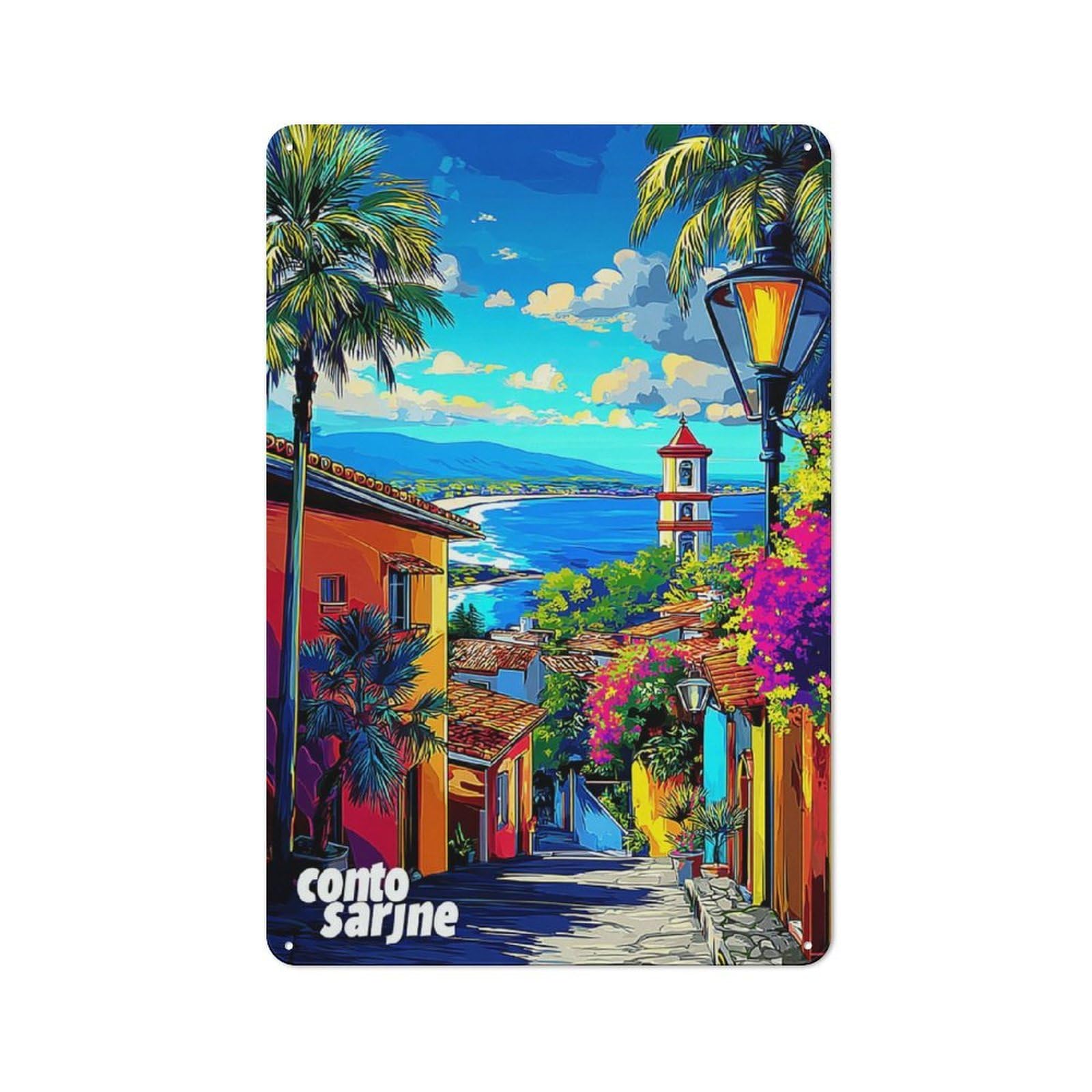 Junmoney Colorful Coastal Village Scene Retro Metal Wall Sign 30X20cm For Café Or Home Bar, For Home Bar Enthusiasts, For Retro Home Interiors