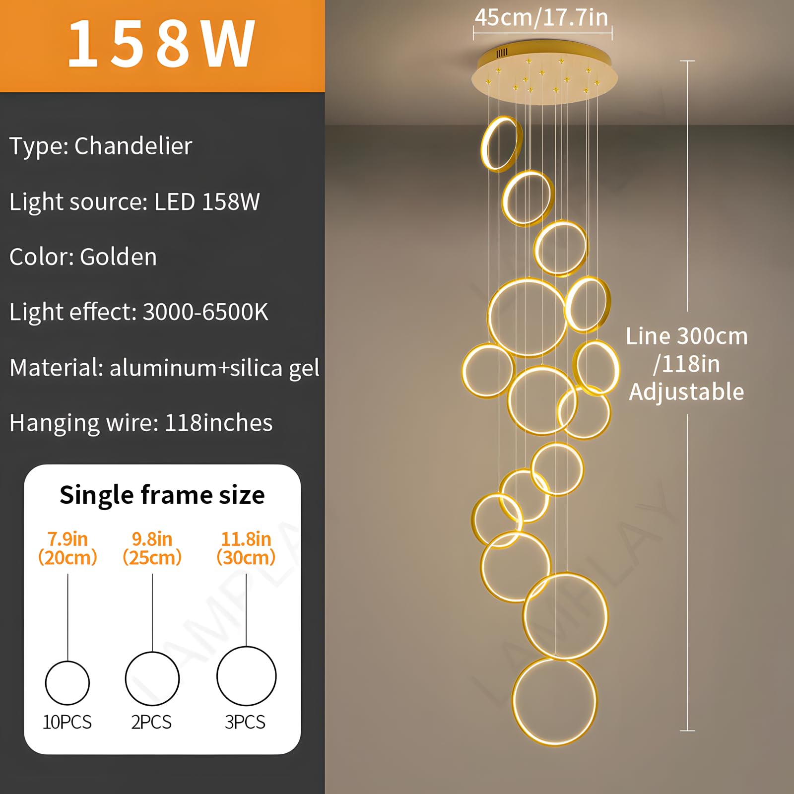 Lustre D'Escalier À LED, Lampe De Plafond Haut Moderne À 15 Anneaux Doré, Lampe Suspendue Réglable En Hauteur Pour Entrée, Variateur Avec Télécommande 3000K-6000K, Couloir, Salon, Escaliers