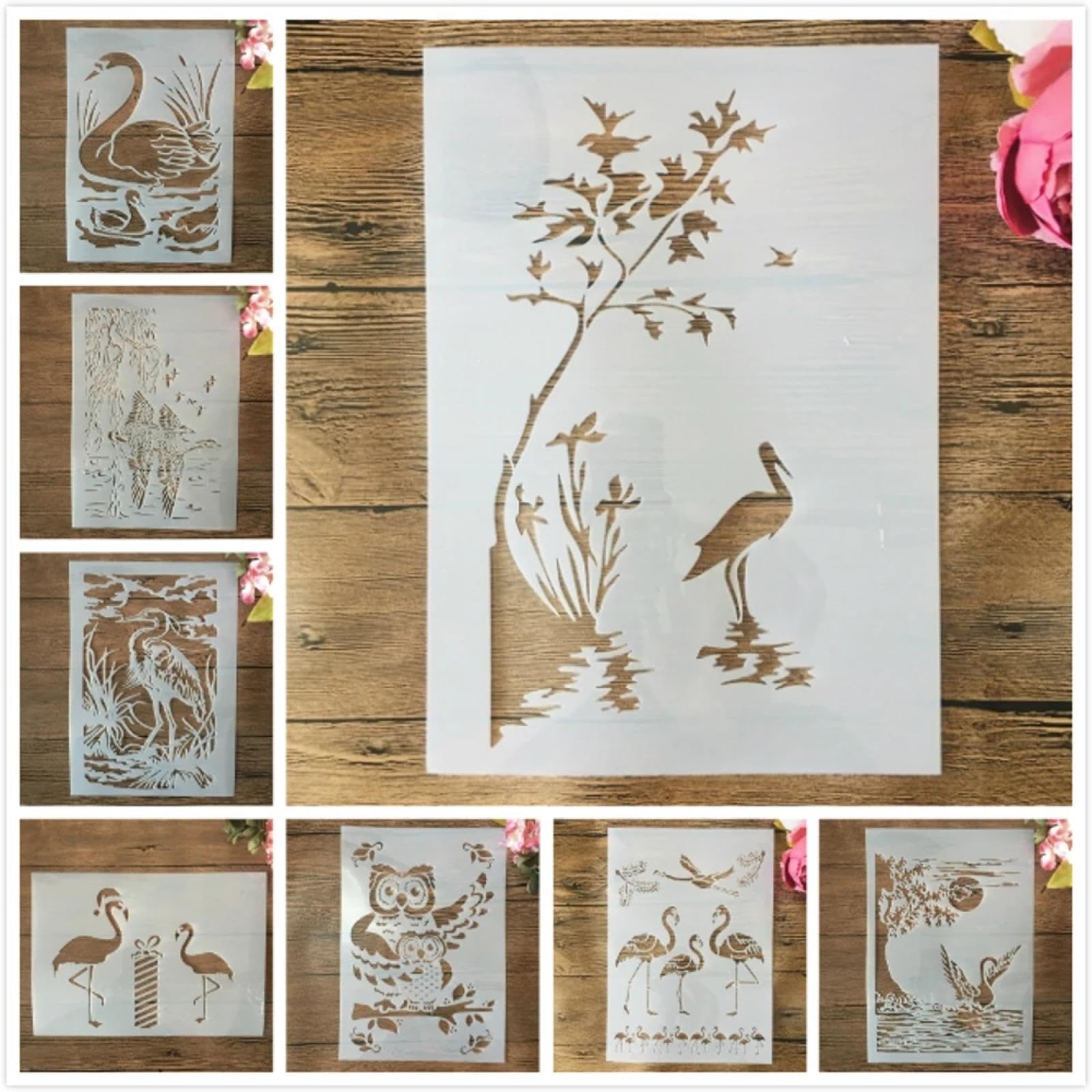 Lot de 8 pochoirs réutilisables pour peinture sur bois, format A4, 29 cm, grue, flamant, cygne, oiseau, travaux manuels, toile, papier, tissu, meubles – Pochoirs pour peinture sur murs