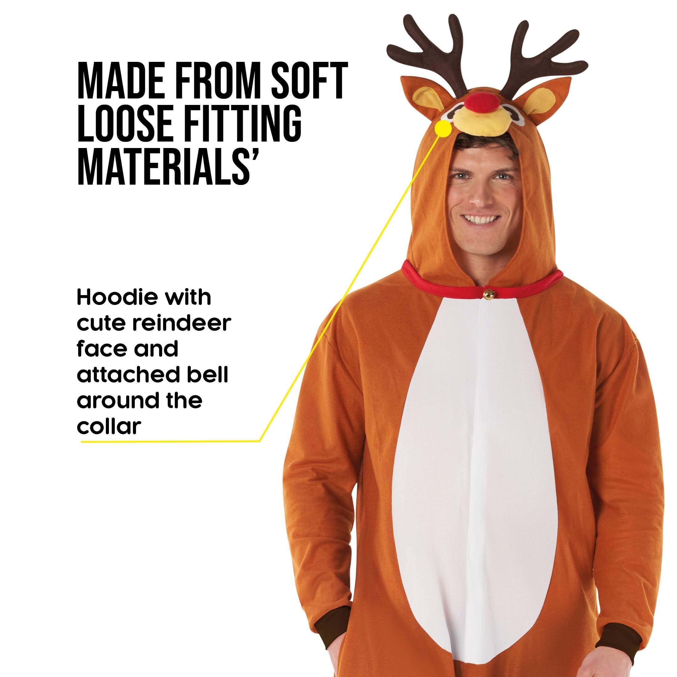 Morph Costume Renna Adulto, Tuta Halloween Uomo | Tuta con Cappuccio, Corna & Naso Rosso, Copriscarpe a Zoccolo, Perfetto per Halloween, Ideale per Travestirsi