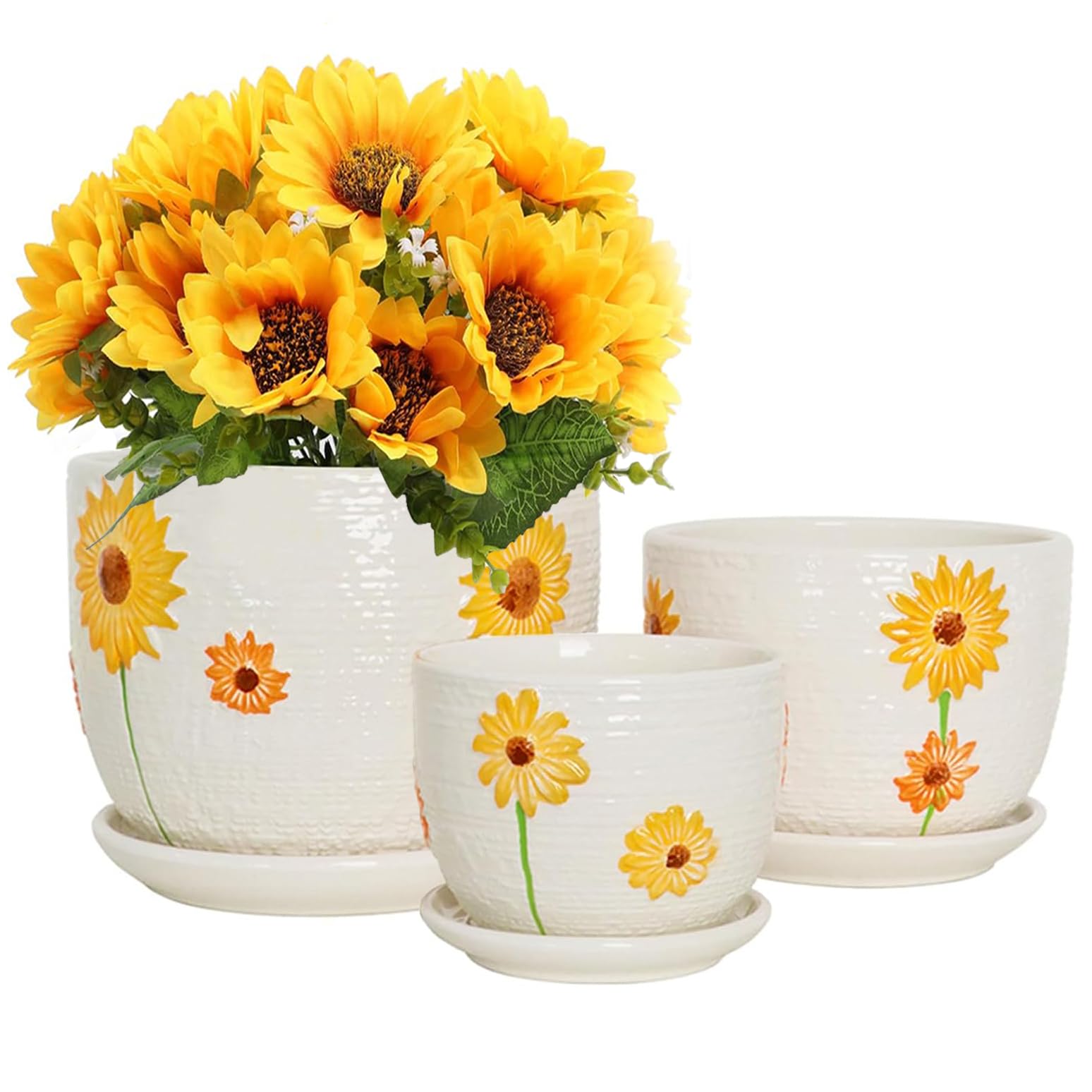 Angju Plant Pots, Sunflower Set of 3 Ceramic Flower Pots for Indoor Plants,11cm & 14cm & 17cm Planter with Drainage Hole Saucer, Outdoor Small to Medium Sized Round Modern Flower Pots