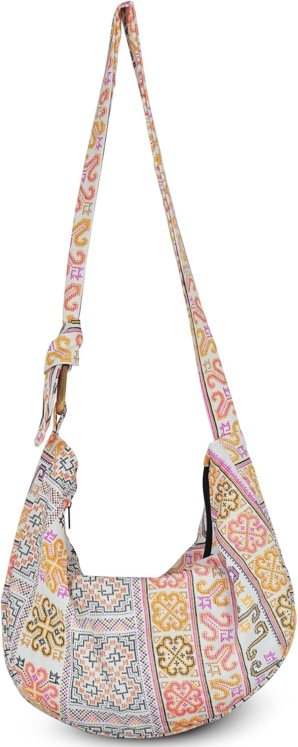 Hobo Crossbody Bag for Women – Handmade Cotton Boho Purse with Wooden Ring | Lightweight Slouchy Shoulder Sling Tote Bag