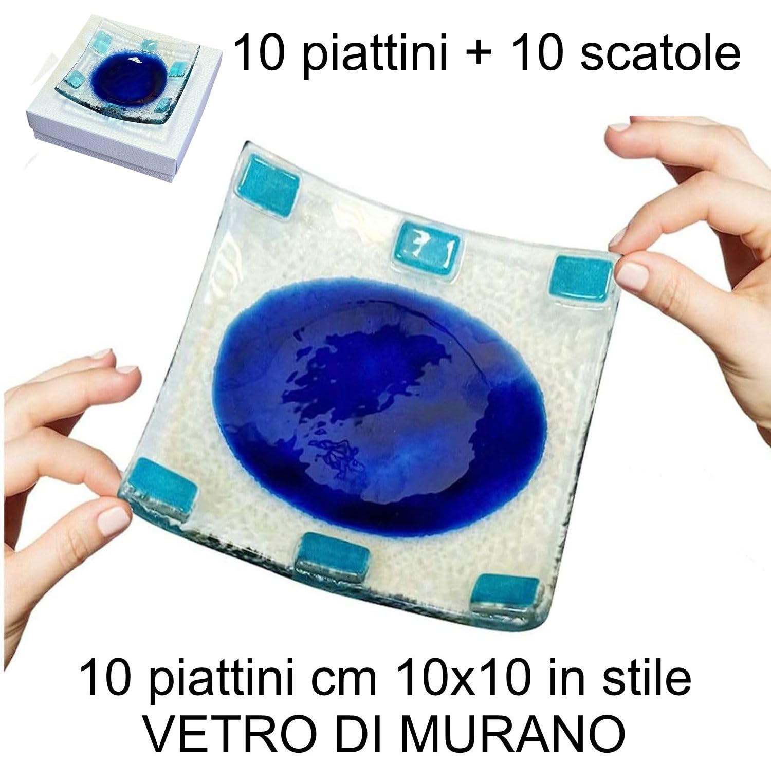 Regalami.shop10 bomboniere con Scatola piattino Vetro Murano per Battesimo, Comunione, cresima e Matrimonio (Blu, Scatola)
