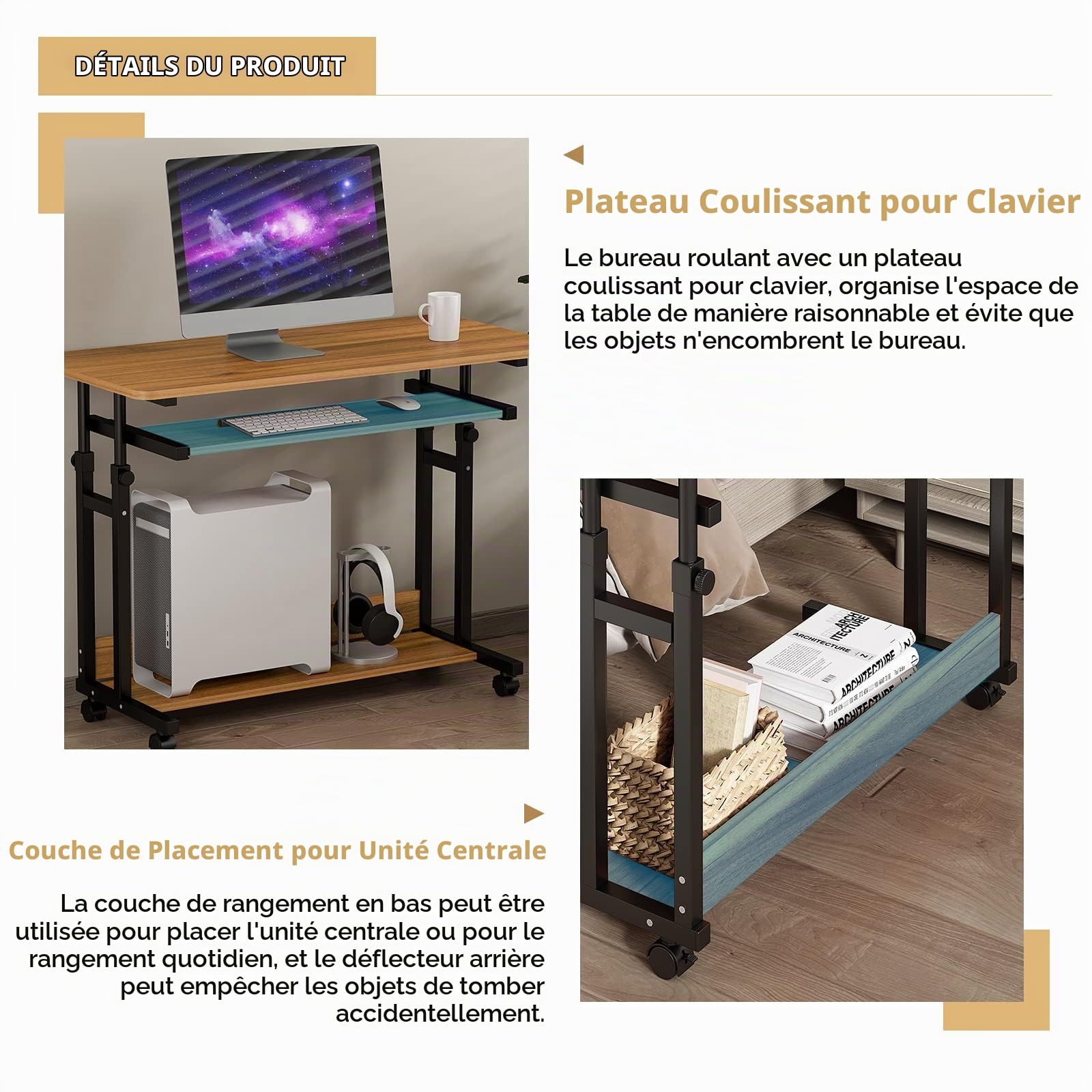 Dripex Bureau Mobile Réglable en Hauteur avec roulettes | 80x45cm, hauteur de 69 à 90cm, avec 2 étagères de rangement, pour le bureau, le bord du lit ou le canapé, Noyer