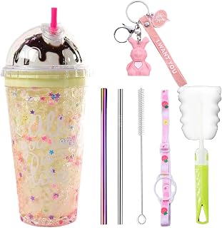 Ice Cream Travel Tumbler with Straw Girl Drinking Cup Freezer Frosty Mug Picnic Birthday Party Gift (Ice Cream Yellow, 450 ml)