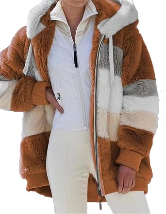 2024 New Contrasting Lamb Wool Padded Coat, Warm Plush Patchwork Zipper Pocket Hooded Loose Coat for Women